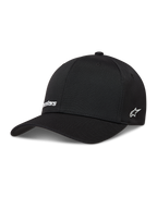 Alpinestars Points hoed, zwarte nylon tactel sportpet met witte HD-print logo's en een flexibele achterkant.
