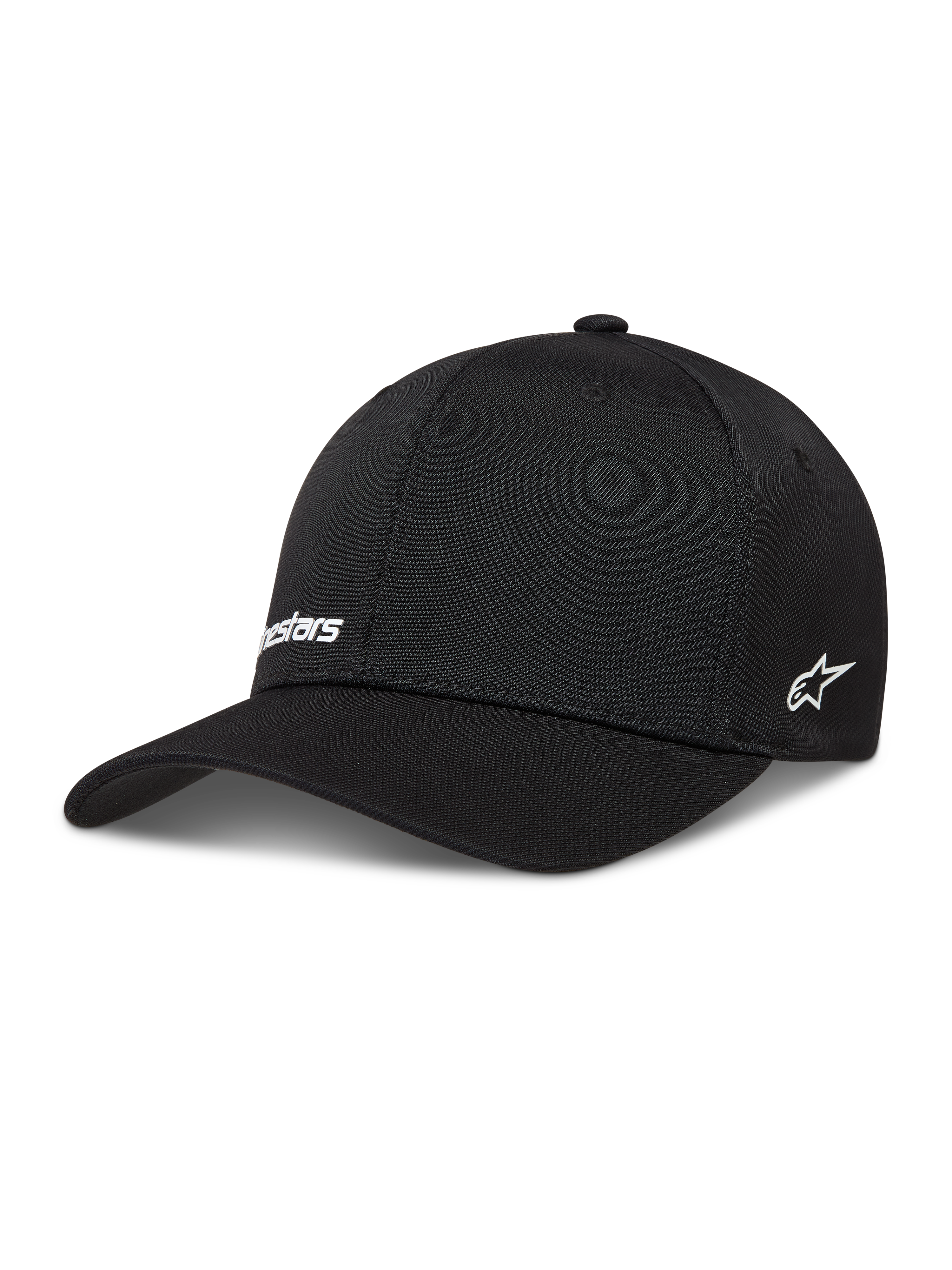 Alpinestars Points hoed, zwarte nylon tactel sportpet met witte HD-print logo's en een flexibele achterkant.