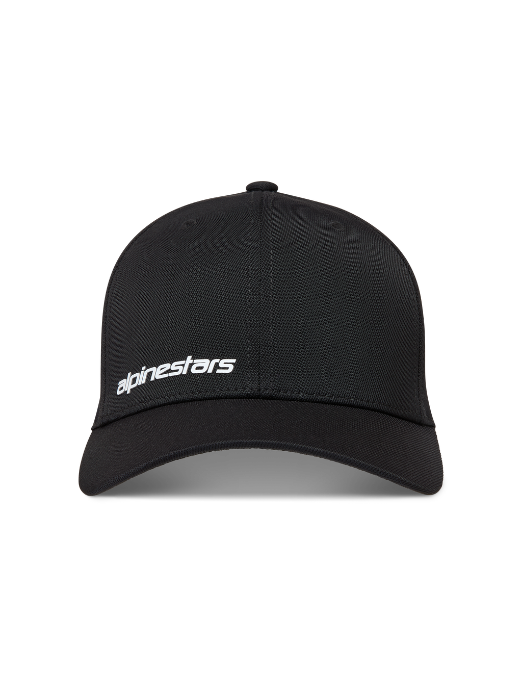 Alpinestars Points hoed, zwarte nylon tactel sportswear baseballpet met een wit HD-print woordlogo op de voorkant.