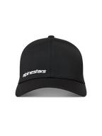 Alpinestars Points hoed, zwarte nylon tactel sportswear baseballpet met een wit HD-print woordlogo op de voorkant.