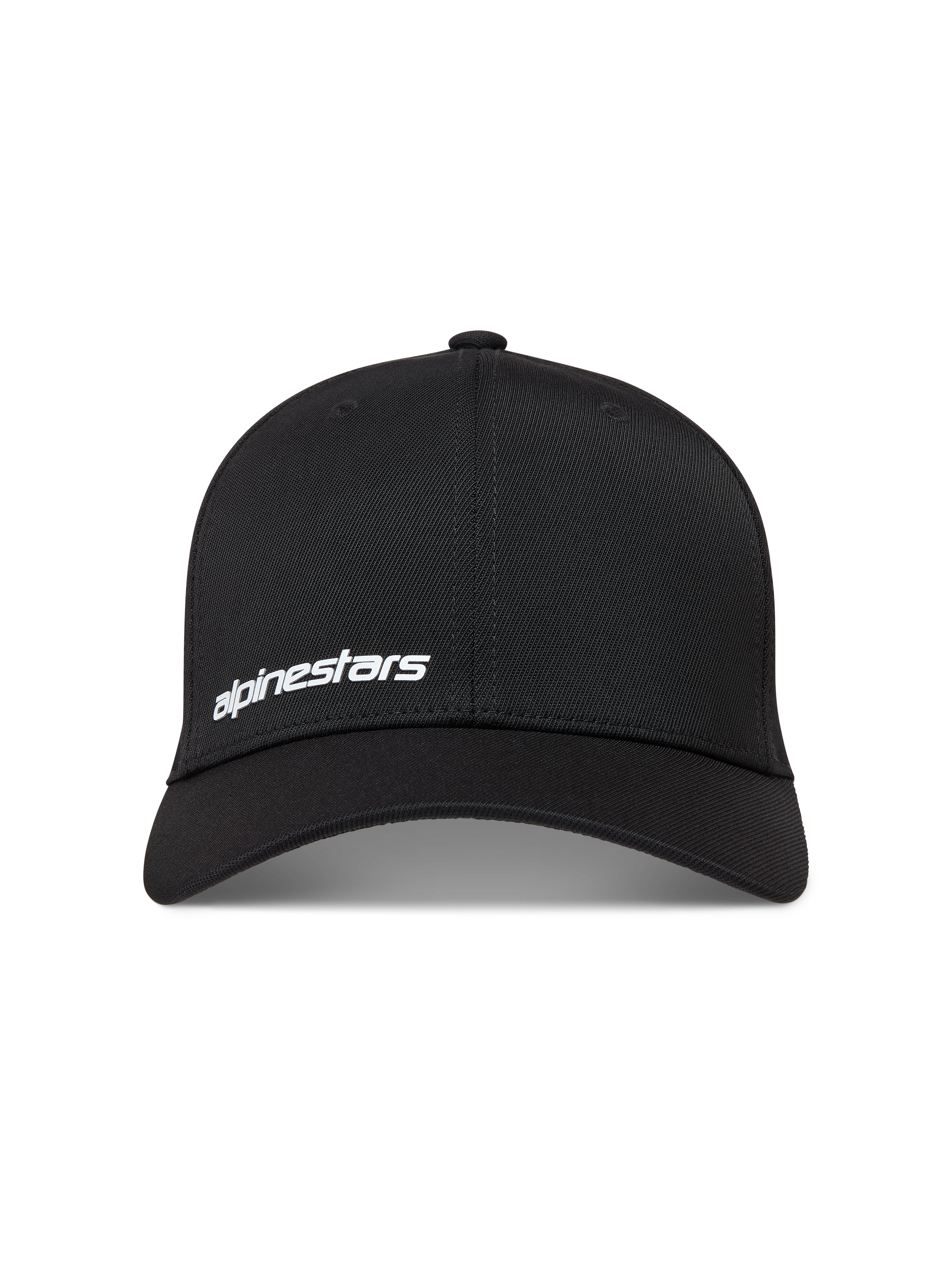 Alpinestars Points hoed, zwarte nylon tactel sportswear baseballpet met een wit HD-print woordlogo op de voorkant.