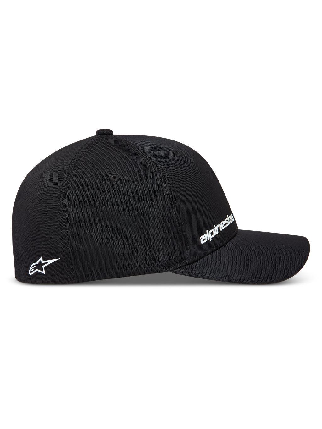 Alpinestars Points hoed, zwarte baseballpet van nylon tactel met flex-fit pasvorm en witte HD-print logo's.