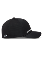 Alpinestars Points hoed, zwarte baseballpet van nylon tactel met flex-fit pasvorm en witte HD-print logo's.