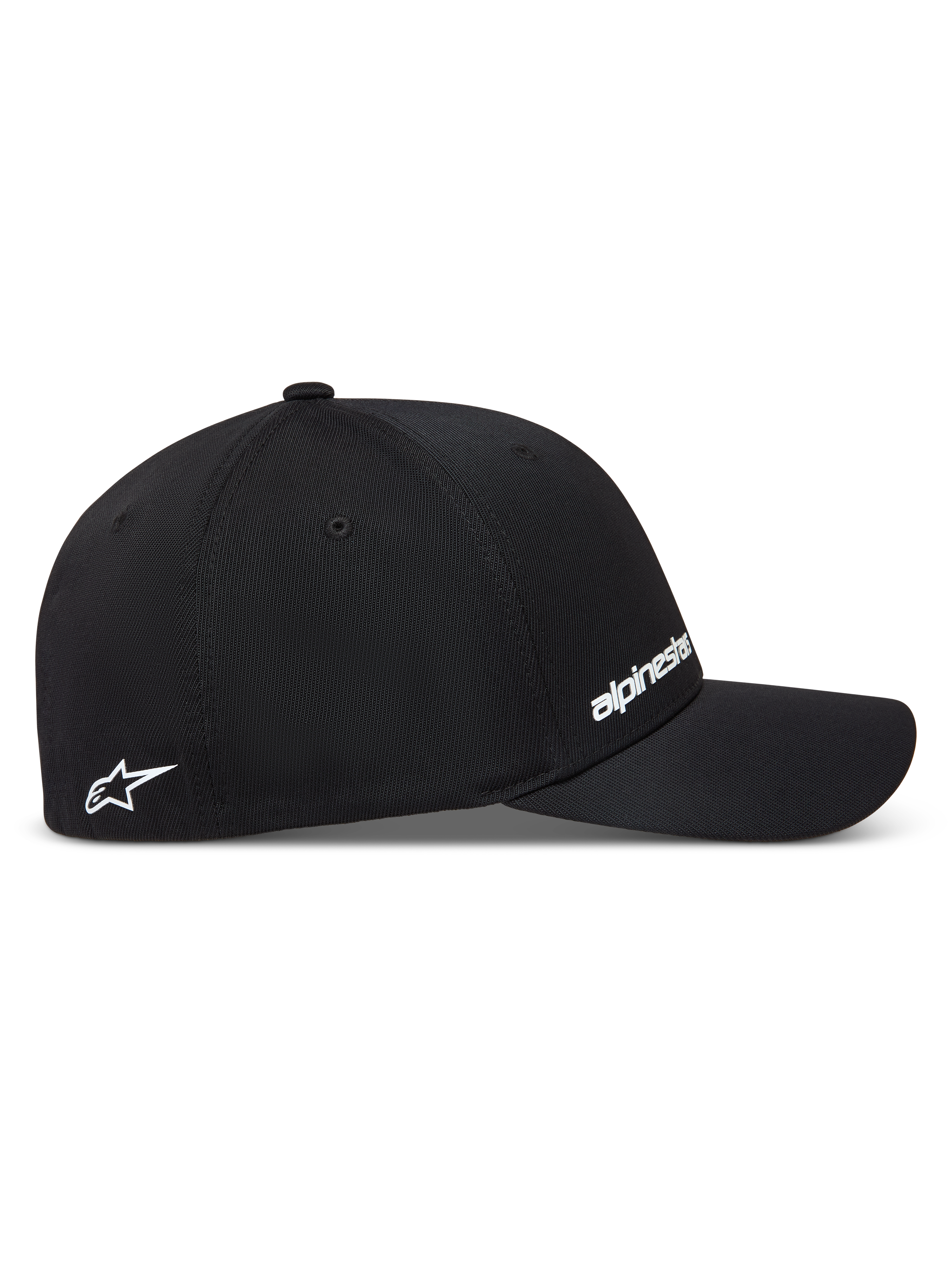 Alpinestars Points hoed, zwarte baseballpet van nylon tactel met flex-fit pasvorm en witte HD-print logo's.