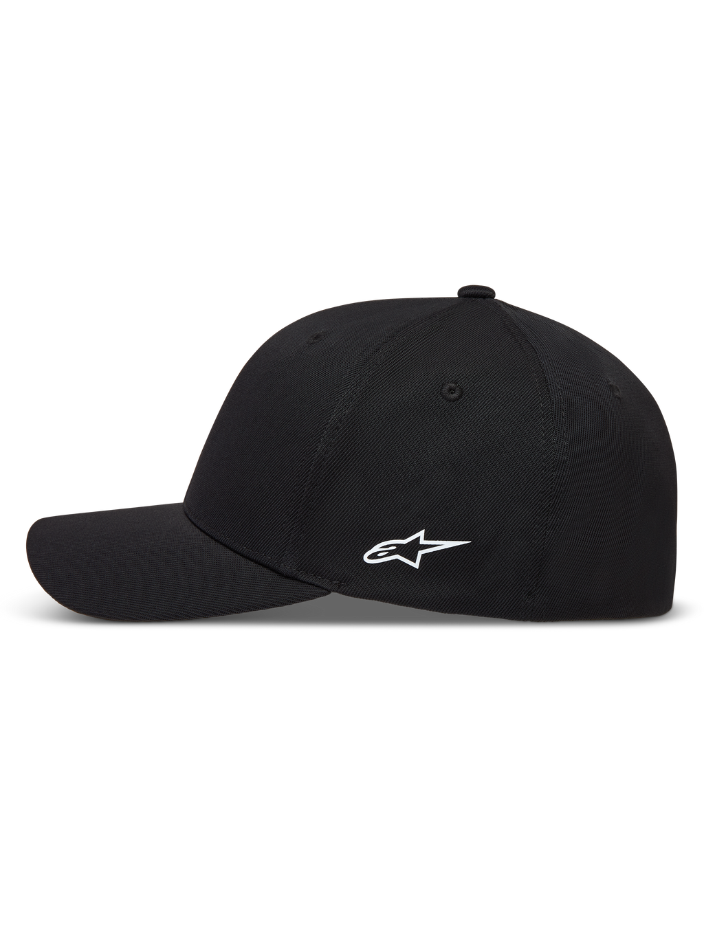 Alpinestars Points hoed, zwarte baseballpet met wit HD-printlogo aan de zijkant en gebogen klep, van nylon tactel.