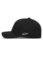 Alpinestars Points hoed, zwarte baseballpet met wit HD-printlogo aan de zijkant en gebogen klep, van nylon tactel.