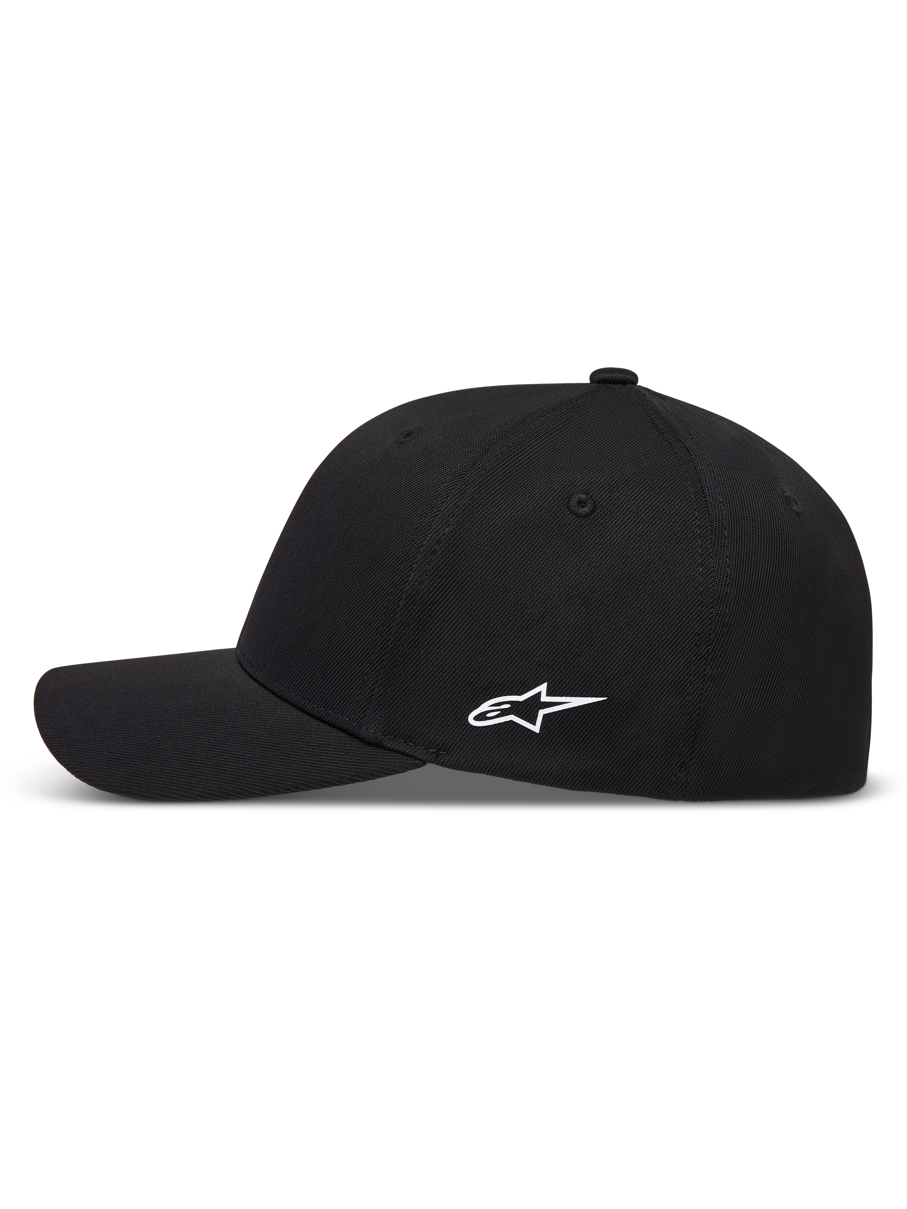 Alpinestars Points hoed, zwarte baseballpet met wit HD-printlogo aan de zijkant en gebogen klep, van nylon tactel.