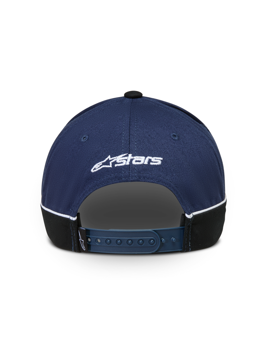 Alpinestars 500 Snapback Hat, Sportswear Baseball Cap, Navy Blue and Black, Rear View showing Adjustable Snapback Closure, White Astars Logo Embroidery, and Contrast Piping Detail.