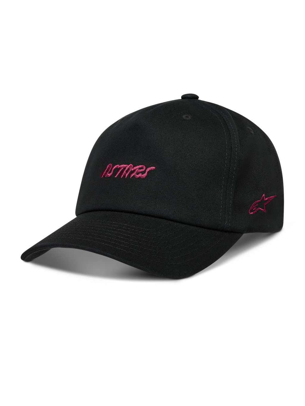 Alpinestars Explorer Strapback hoed, zwarte sportswearpet met roze Astars-logoborduursel en gestructureerde kroon.