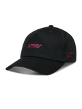 Alpinestars Explorer Strapback hoed, zwarte sportswearpet met roze Astars-logoborduursel en gestructureerde kroon.