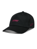 Alpinestars Explorer Strapback hoed, zwarte sportswearpet met roze Astars-logoborduursel en gestructureerde kroon.