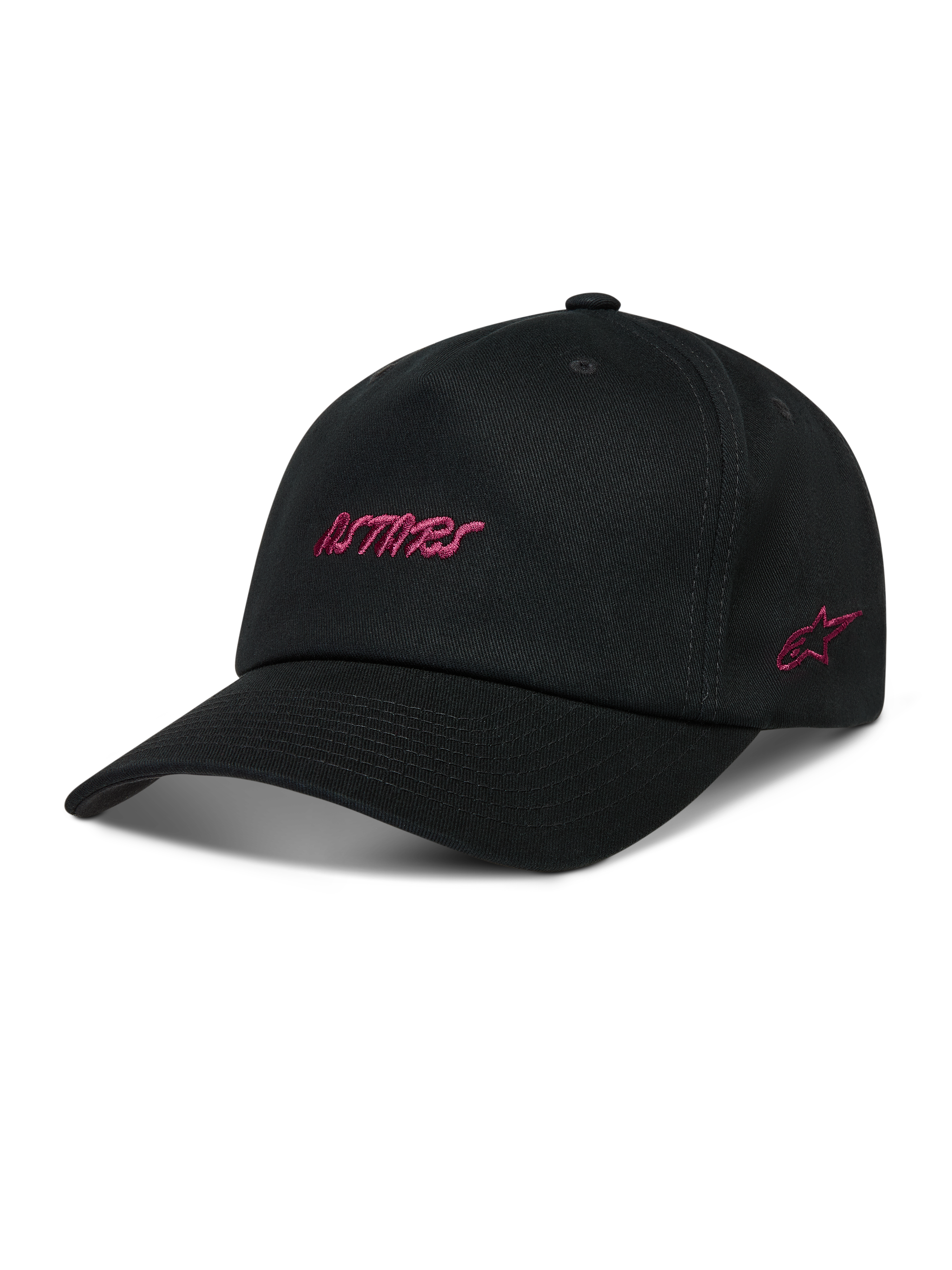 Alpinestars Explorer Strapback hoed, zwarte sportswearpet met roze Astars-logoborduursel en gestructureerde kroon.