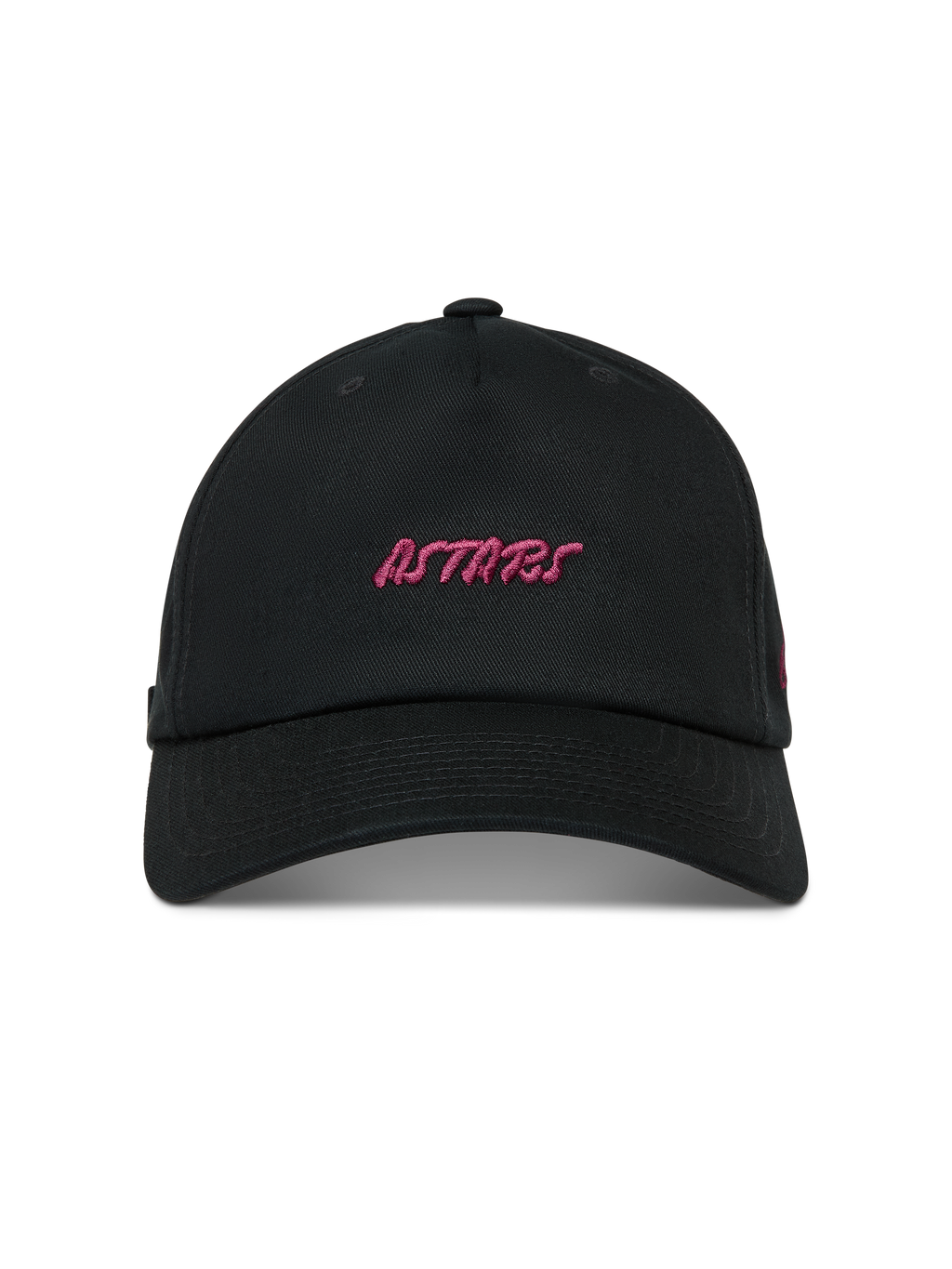 Alpinestars Explorer Strapback hoed, zwarte sportswear pet met roze geborduurd Astars-logo en een gebogen klep.