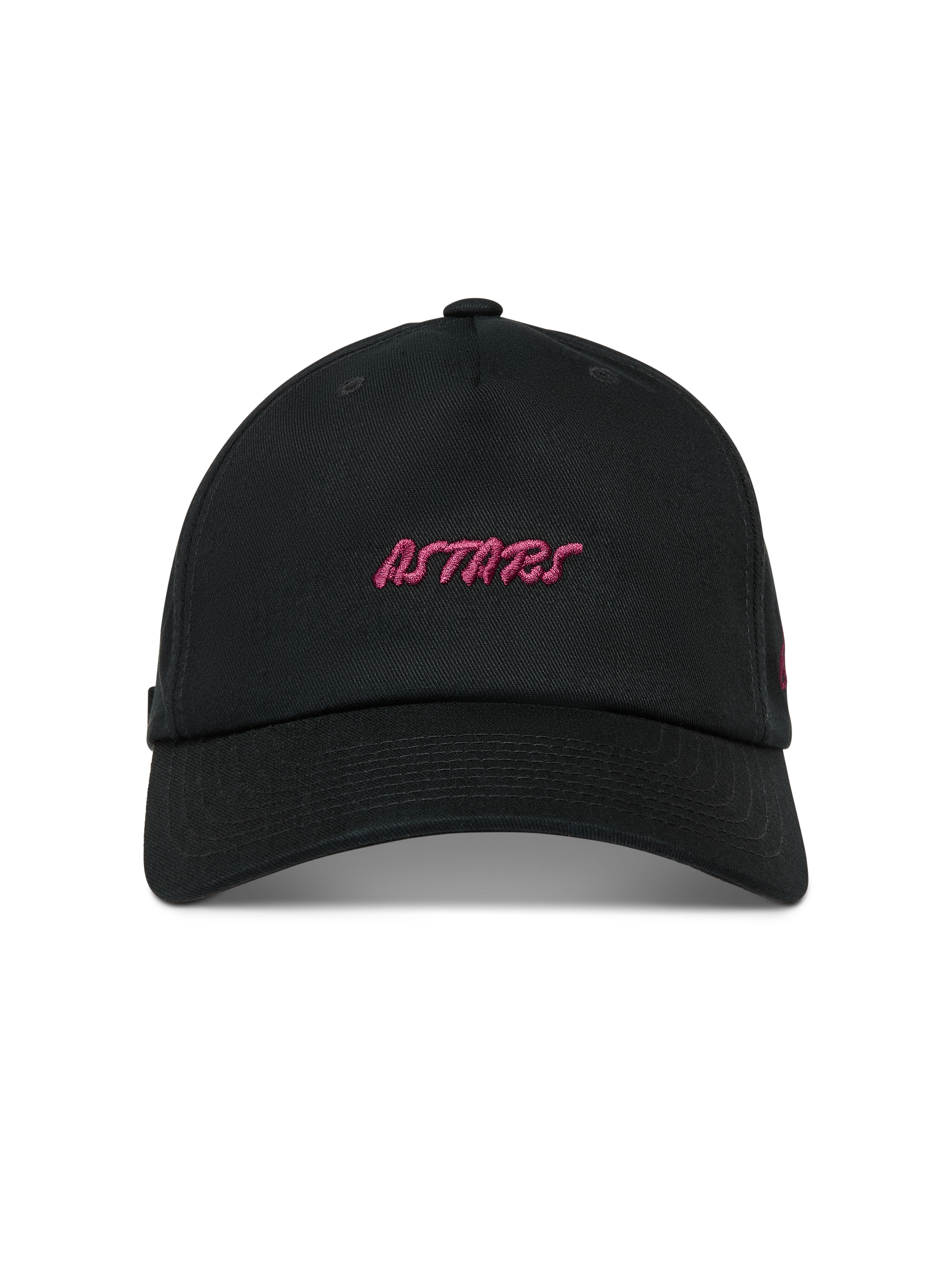 Alpinestars Explorer Strapback hoed, zwarte sportswear pet met roze geborduurd Astars-logo en een gebogen klep.