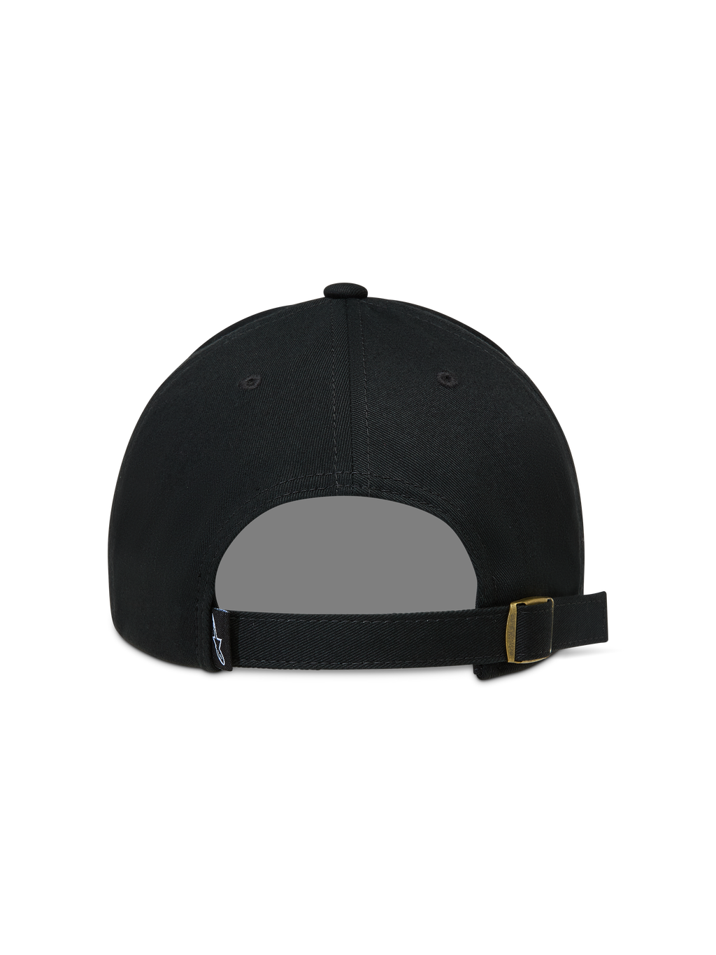 Alpinestars Explorer Strapback hoed, zwarte sportswear pet, achteraanzicht met verstelbare band en goudkleurige metalen gesp.