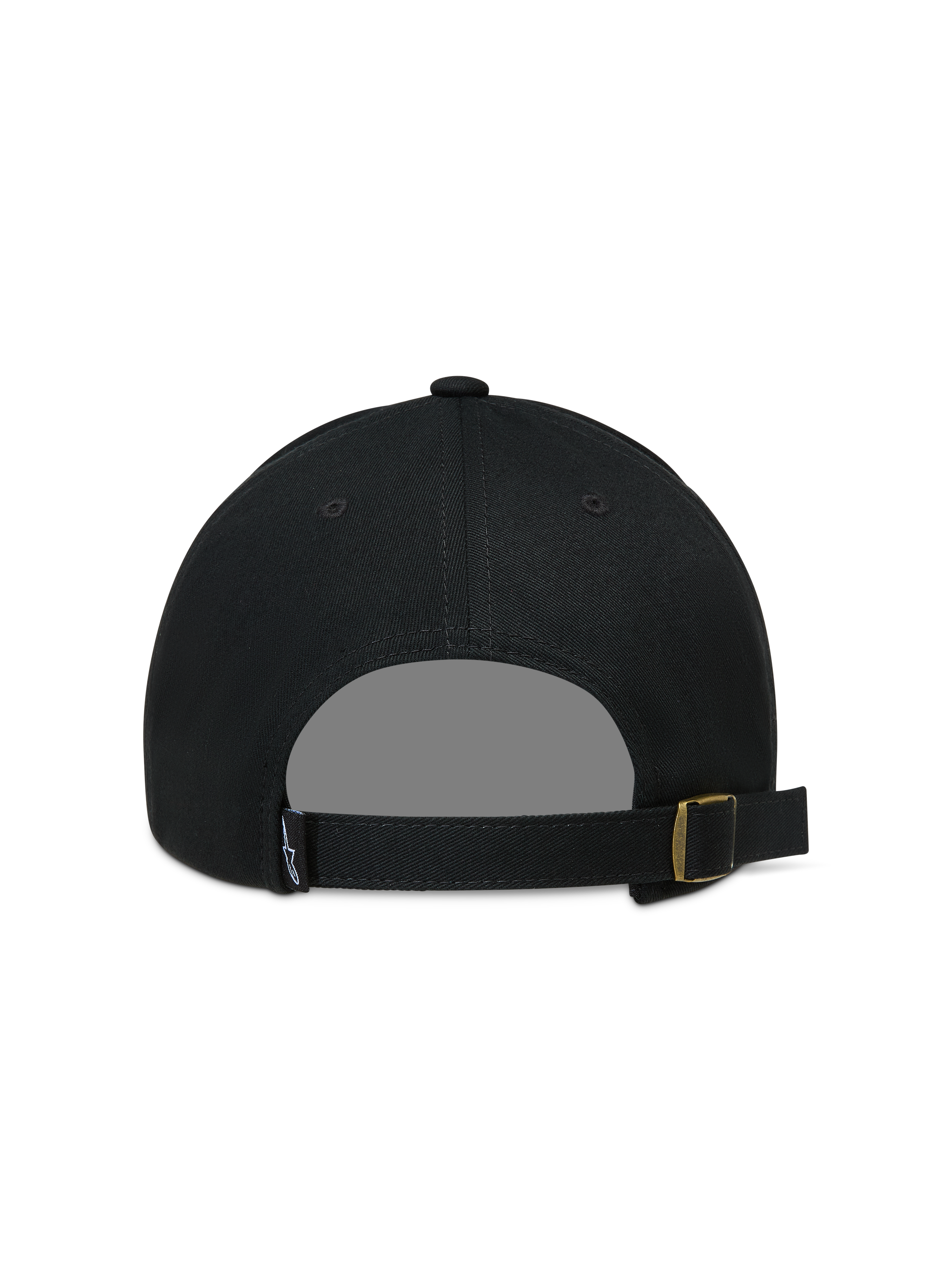 Alpinestars Explorer Strapback hoed, zwarte sportswear pet, achteraanzicht met verstelbare band en goudkleurige metalen gesp.