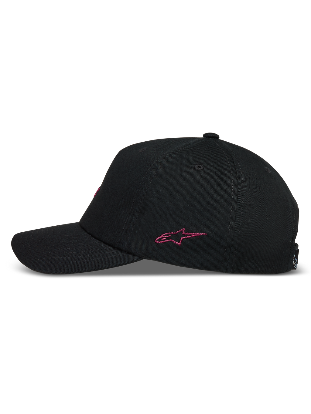 Alpinestars Explorer Strapback hoed, zwarte sportpet van keperstof met roze geborduurd logo en gebogen klep, zijaanzicht.