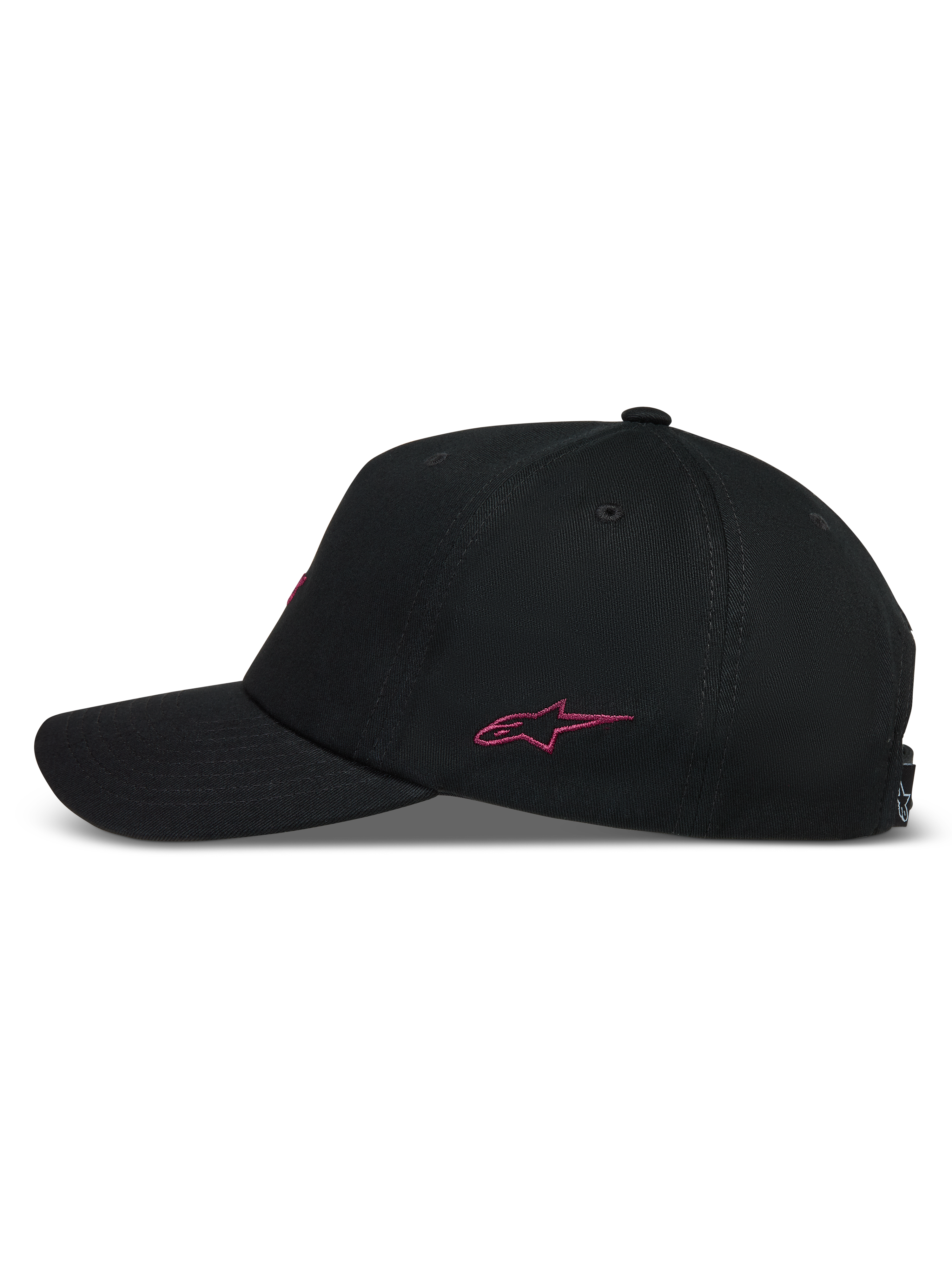 Alpinestars Explorer Strapback hoed, zwarte sportpet van keperstof met roze geborduurd logo en gebogen klep, zijaanzicht.
