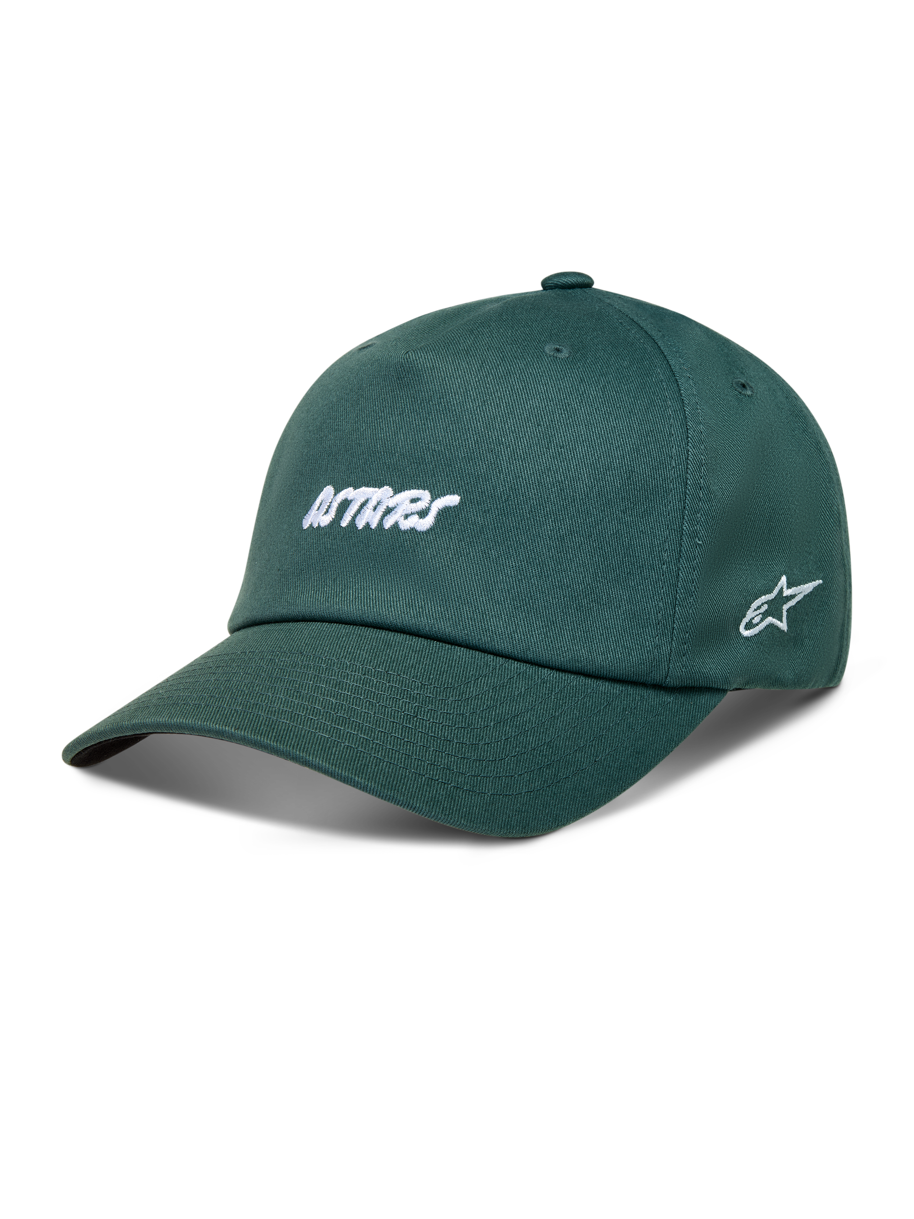 Alpinestars Explorer Strapback hoed, groene sportswear pet van keperstof met wit borduursel en gebogen klep.