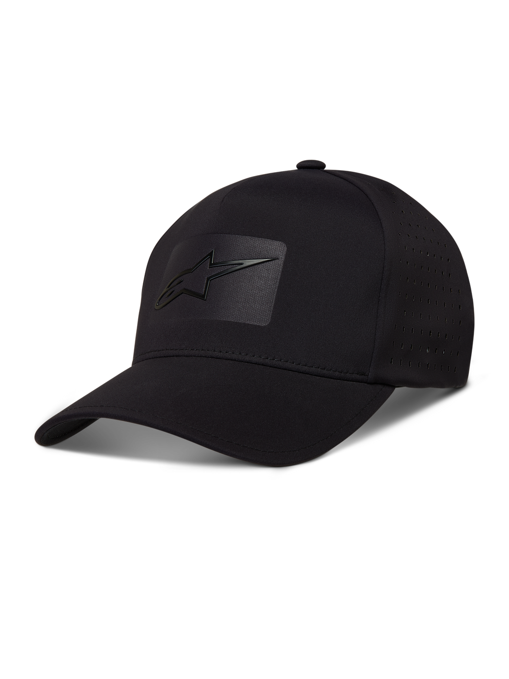 Alpinestars Algo Perf Adjustable hoed, zwarte pet van technisch materiaal met zijperforaties en een sonic weld logo.