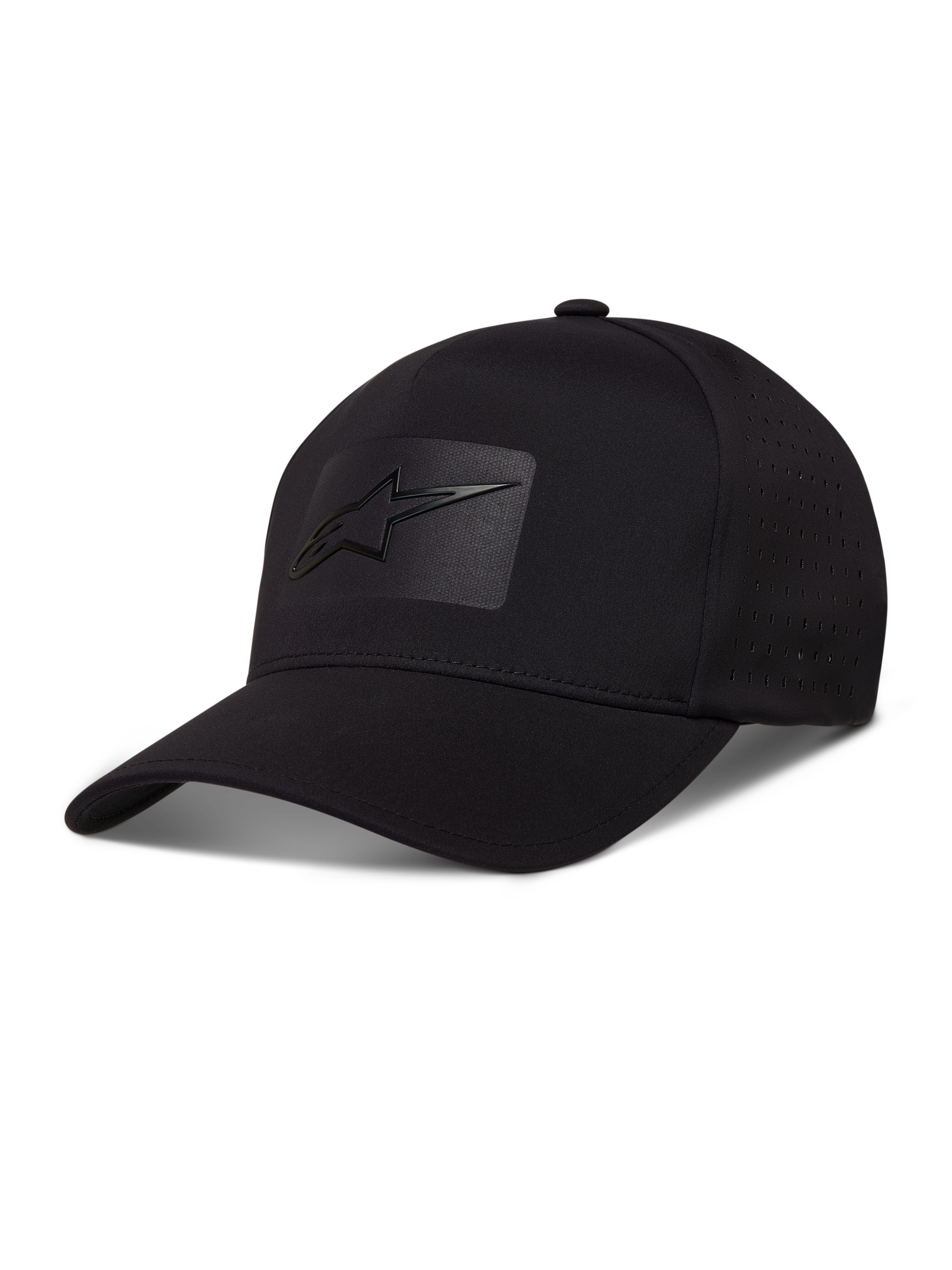 Alpinestars Algo Perf Adjustable hoed, zwarte pet van technisch materiaal met zijperforaties en een sonic weld logo.