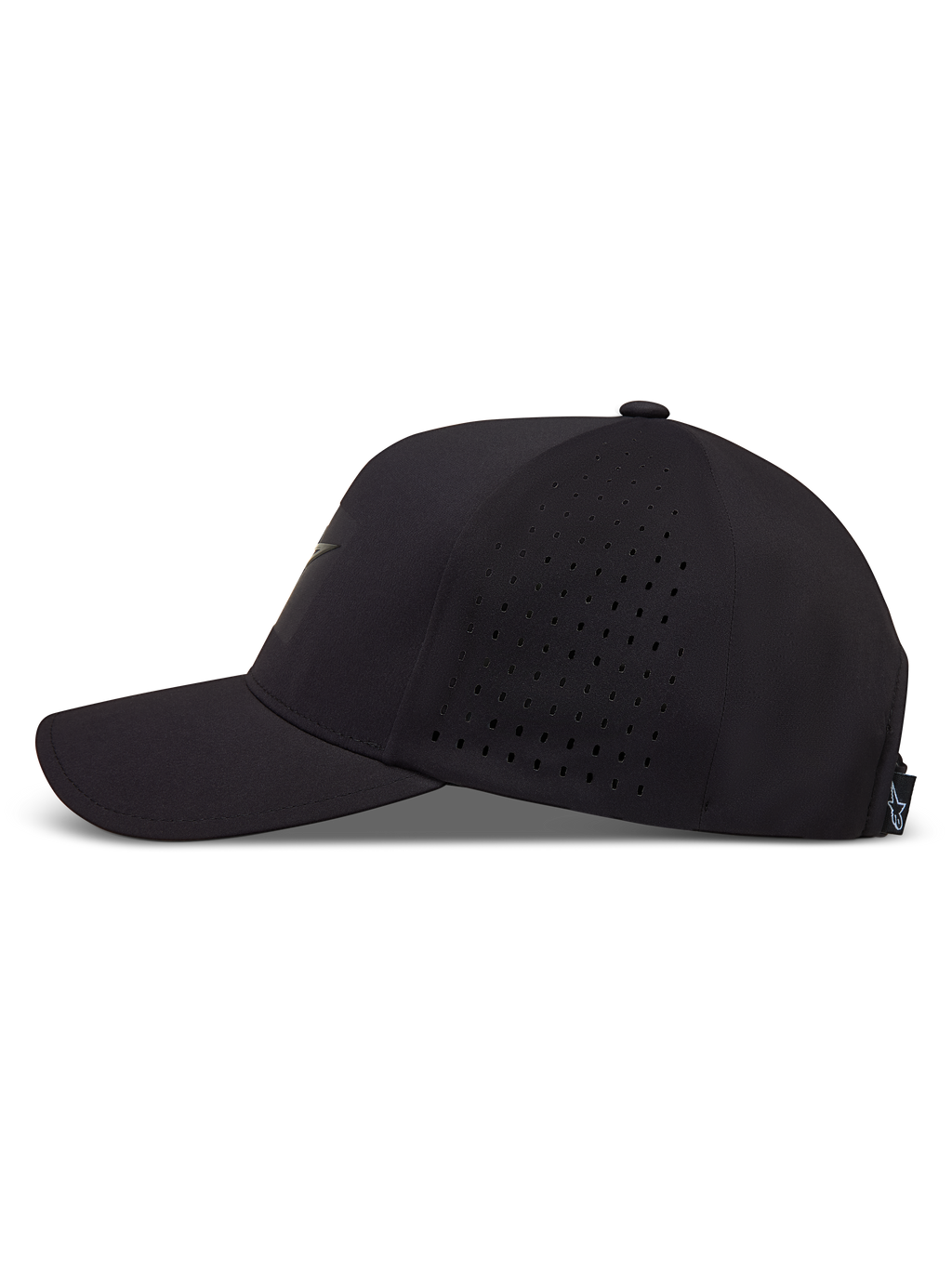 Alpinestars Algo Perf Adjustable Hoed, zwarte pet met gebogen klep en geperforeerde zijpanelen voor optimale ventilatie.
