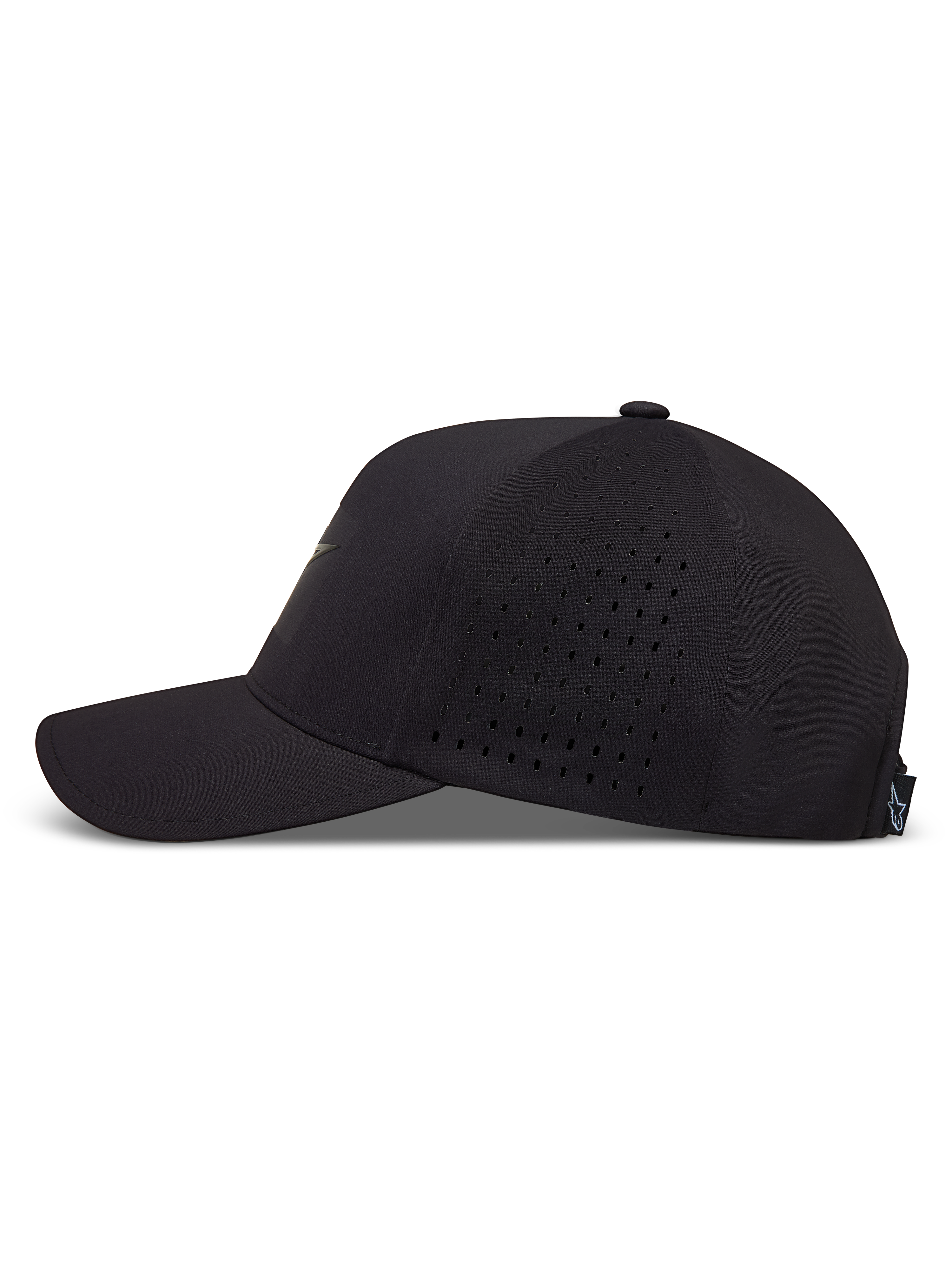 Alpinestars Algo Perf Adjustable Hoed, zwarte pet met gebogen klep en geperforeerde zijpanelen voor optimale ventilatie.