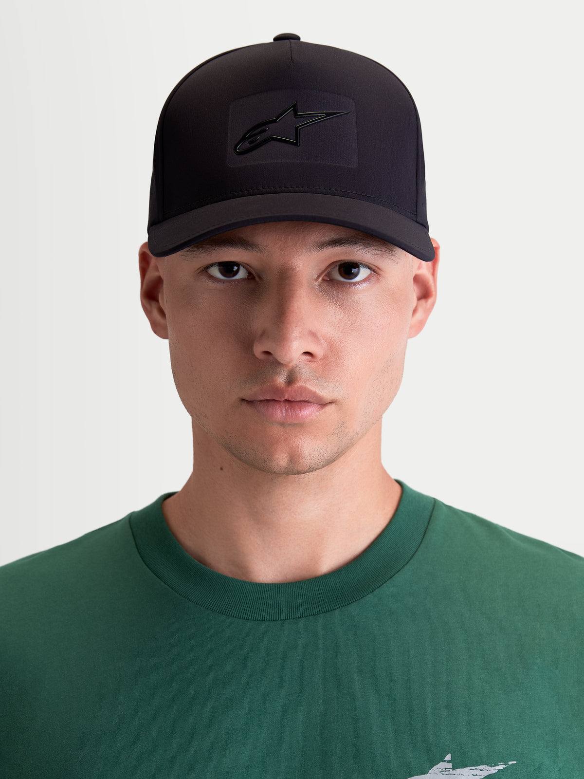 Alpinestars Algo Perf Adjustable Hat, Sportswear Snapback Cap for Men and Women, Black Technical Fabric with Sonic-Weld Astars Logo, Structured Crown and Curved Bill, Front View On-Model