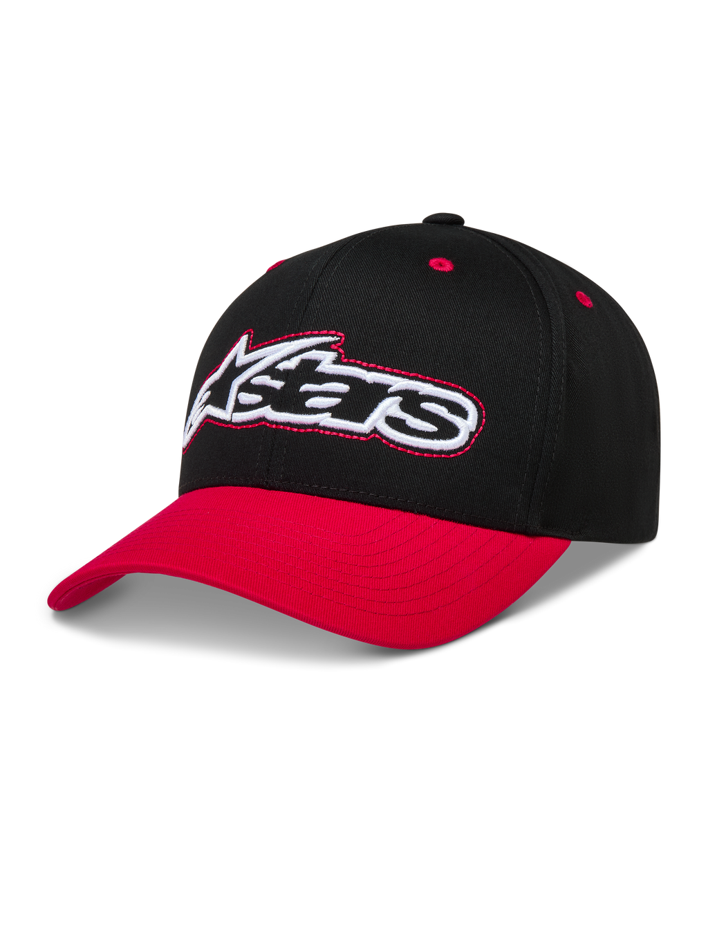 Alpinestars Retro Snapback Hat, Sportswear Baseball Cap, Black and Red, featuring a curved bill and embroidered Astars logo