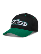 Alpinestars Retro Snapback hoed, zwart en groen, gebogen klep, gestructureerde kroon, geborduurd Astars-logo.
