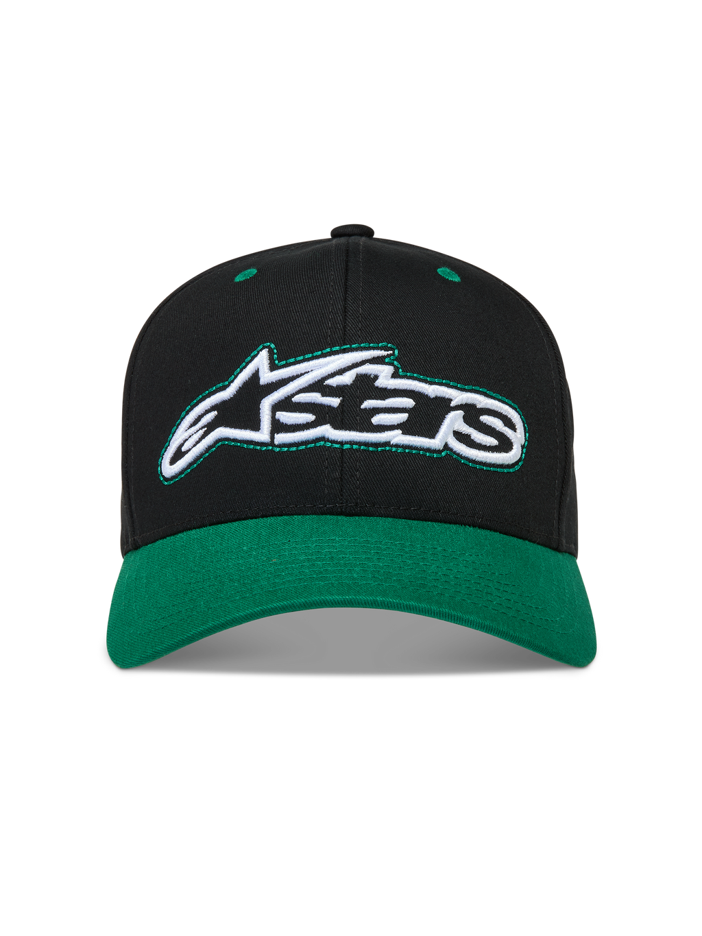Alpinestars Retro Snapback hoed, zwarte en groene sportswear pet van katoenen keperstof met een gebogen klep en geborduurd logo.