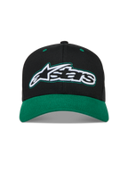 Alpinestars Retro Snapback hoed, zwarte en groene sportswear pet van katoenen keperstof met een gebogen klep en geborduurd logo.