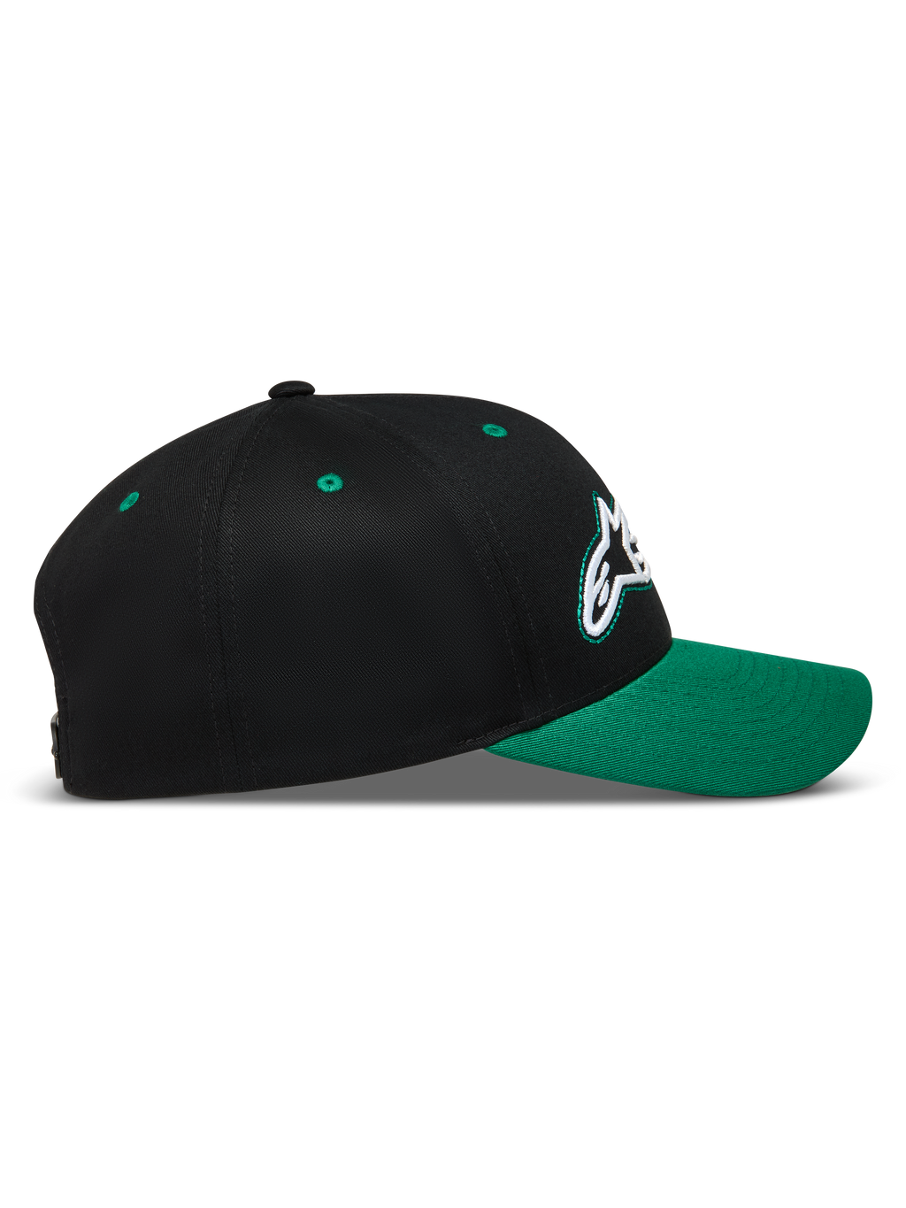 Alpinestars Retro Snapback hoed, zwarte pet met een groene gebogen klep en wit Astars-logo, casual sportswear baseballpet van keperstof.