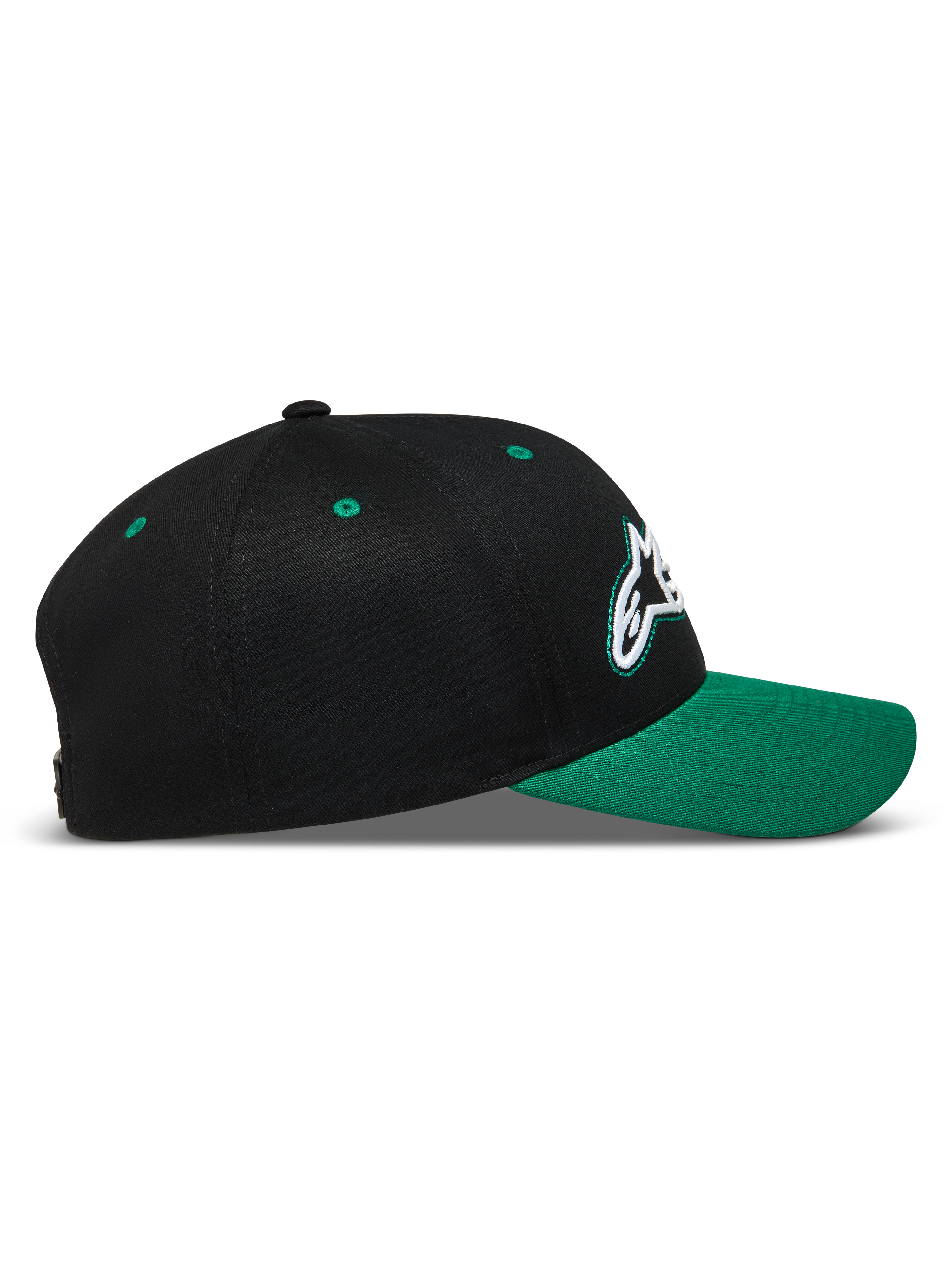 Alpinestars Retro Snapback hoed, zwarte pet met een groene gebogen klep en wit Astars-logo, casual sportswear baseballpet van keperstof.