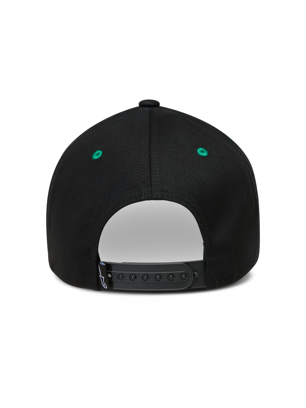 Alpinestars Retro Snapback hoed, sportswear baseballpet, zwart en groen, verstelbare snapback-sluiting, achteraanzicht.