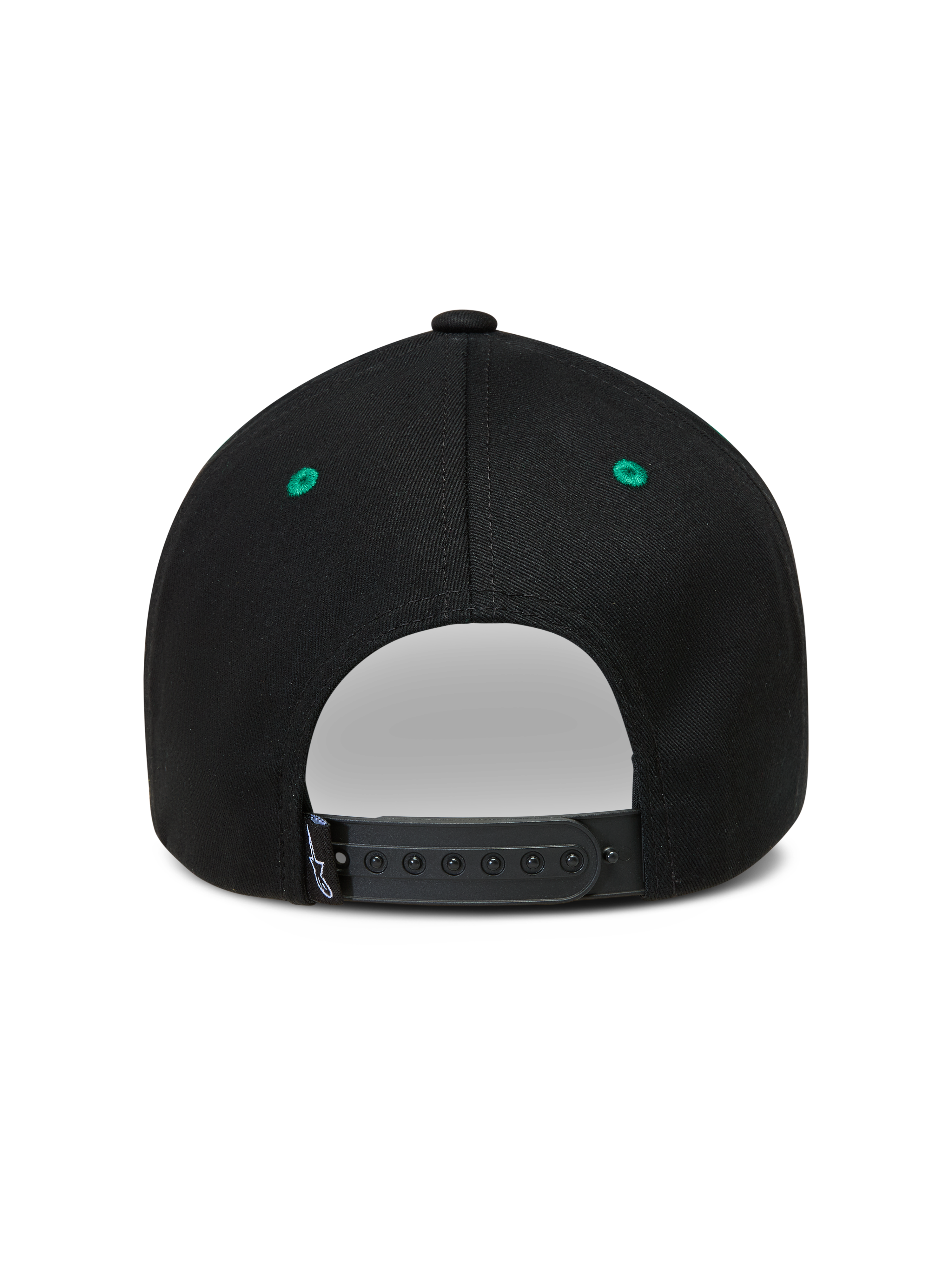 Alpinestars Retro Snapback hoed, sportswear baseballpet, zwart en groen, verstelbare snapback-sluiting, achteraanzicht.