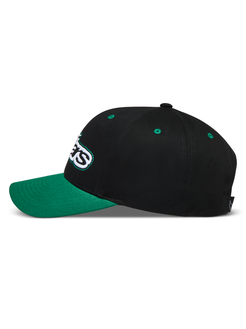 Alpinestars Retro Snapback hoed, zwarte en groene sportpet, zijprofiel met gebogen klep en geborduurd Astars-logo.