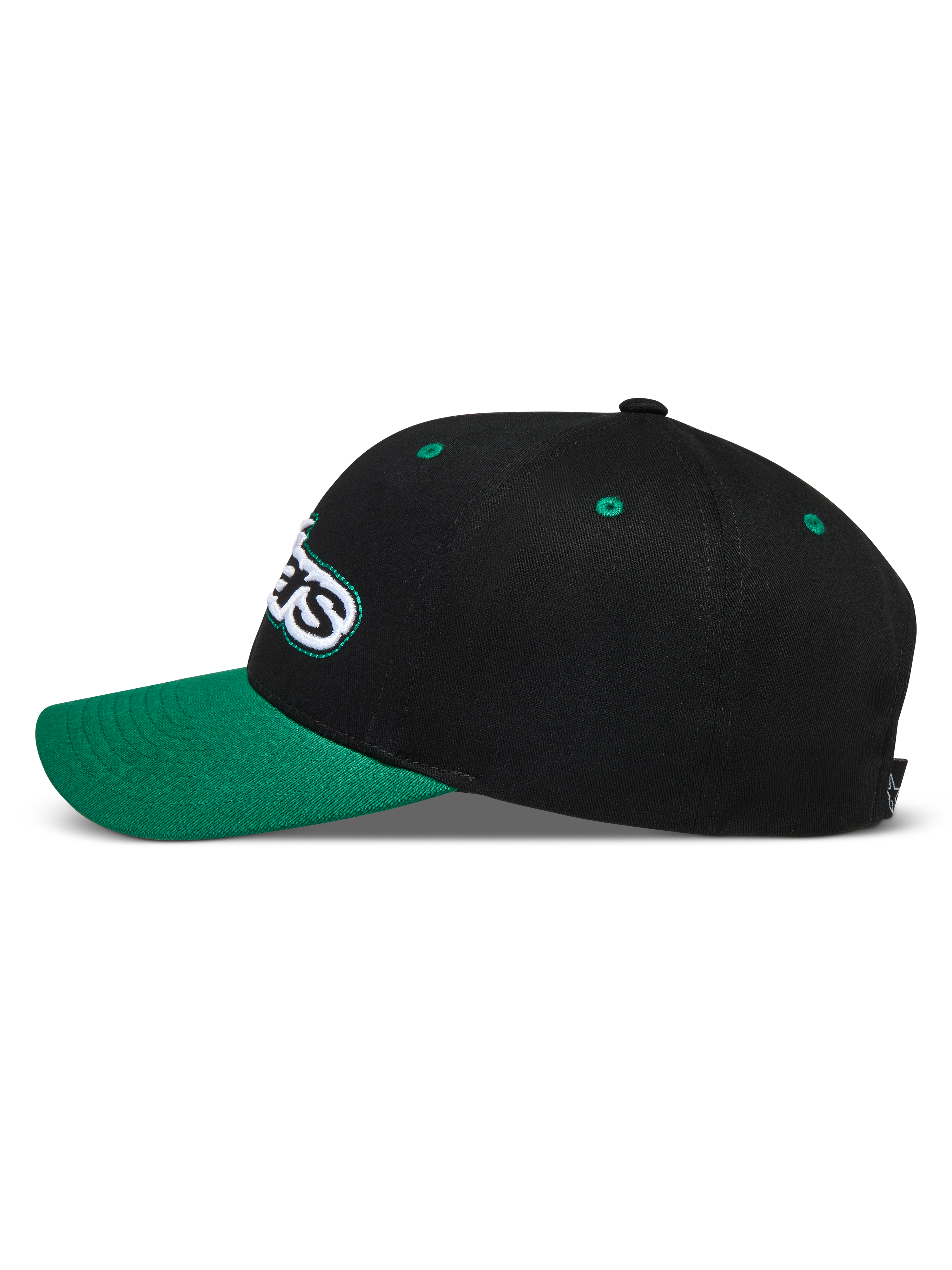 Alpinestars Retro Snapback hoed, zwarte en groene sportpet, zijprofiel met gebogen klep en geborduurd Astars-logo.