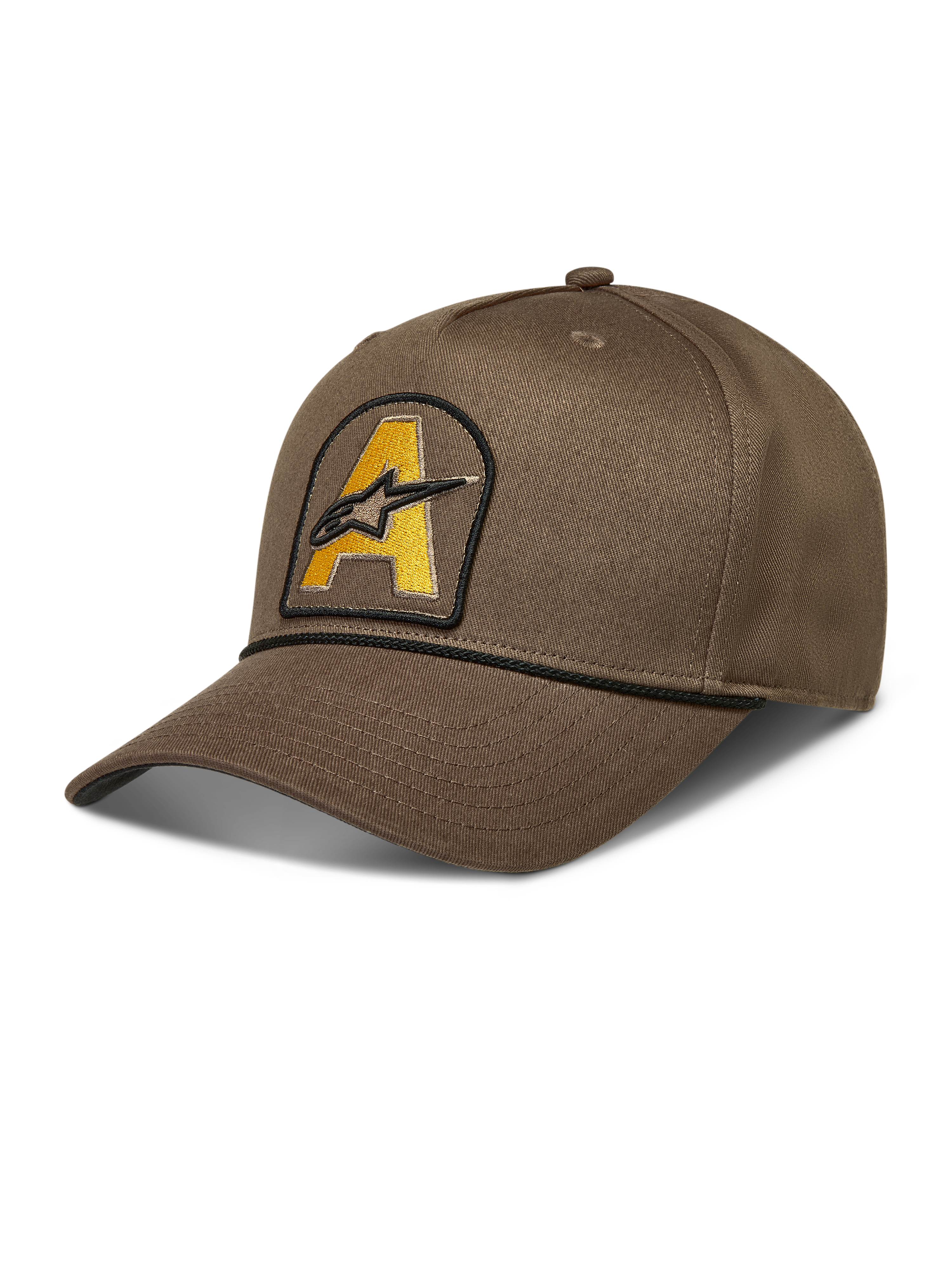 Alpinestars Acme snapback hoed, bruine sportswear pet met gebogen klep, geel Astars-logopatch en zwarte koordafwerking.