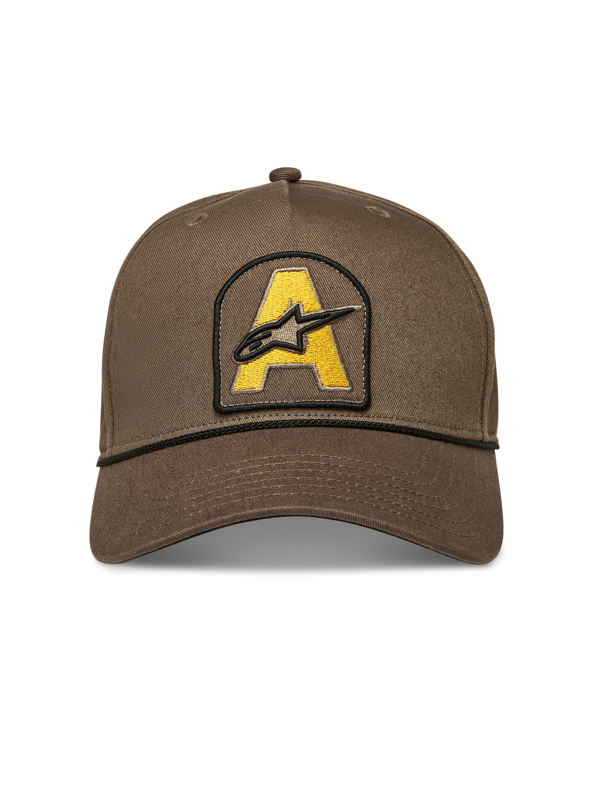 Alpinestars Acme Snapback hoed van bruine keperstof met een geel geborduurde logopatch en zwart koorddetail.
