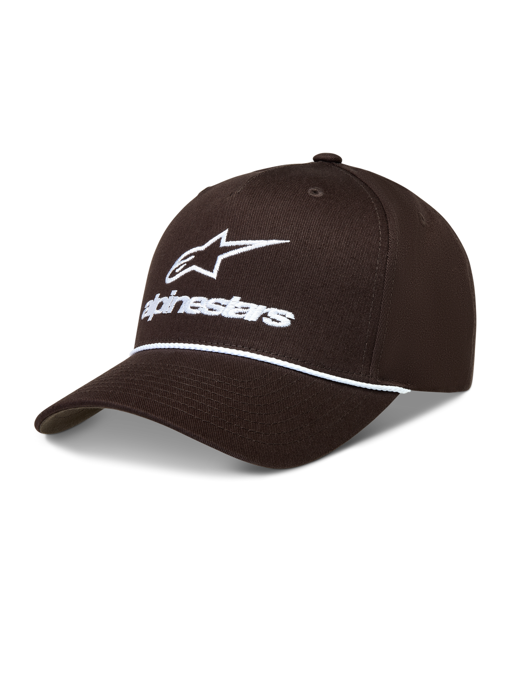 Alpinestars Combo Logo Snapback hoed, bruine sportpet met wit geborduurd logo, koorddetail en gebogen klep.