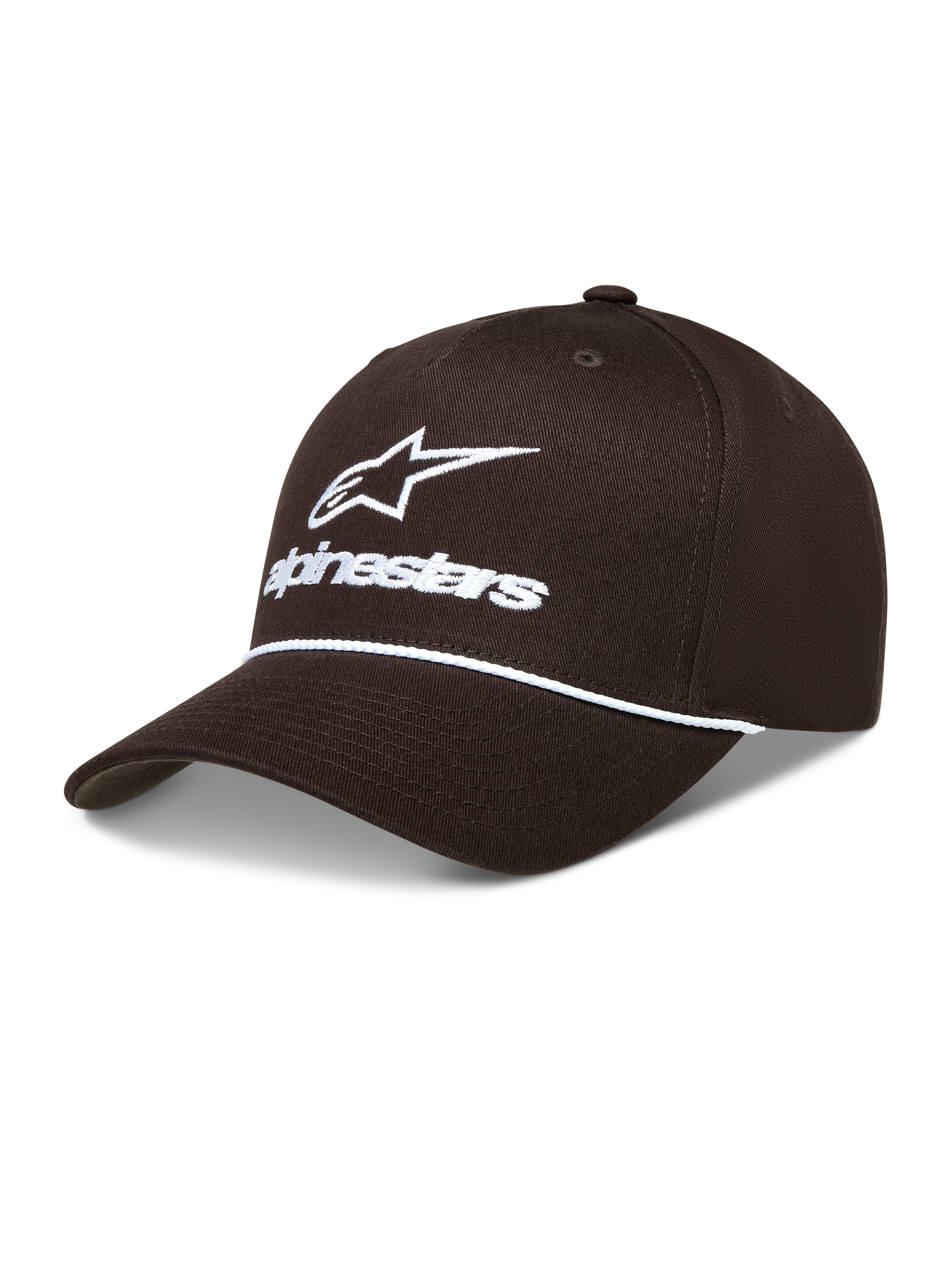 Alpinestars Combo Logo Snapback hoed, bruine sportpet met wit geborduurd logo, koorddetail en gebogen klep.