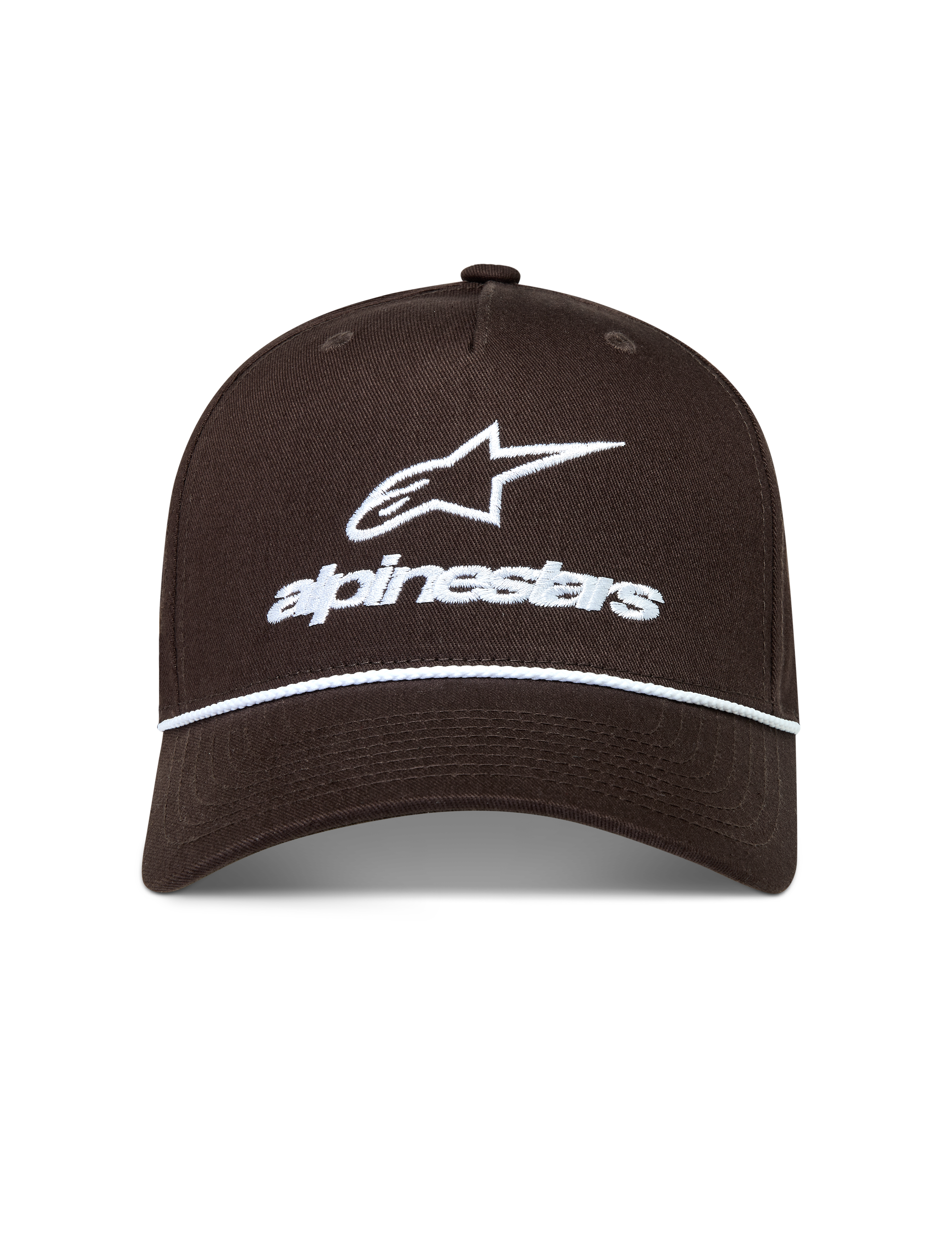 Alpinestars Combo Logo Snapback Hoed, bruine sportswearpet met wit geborduurd logo en touwdetail op de gebogen klep.