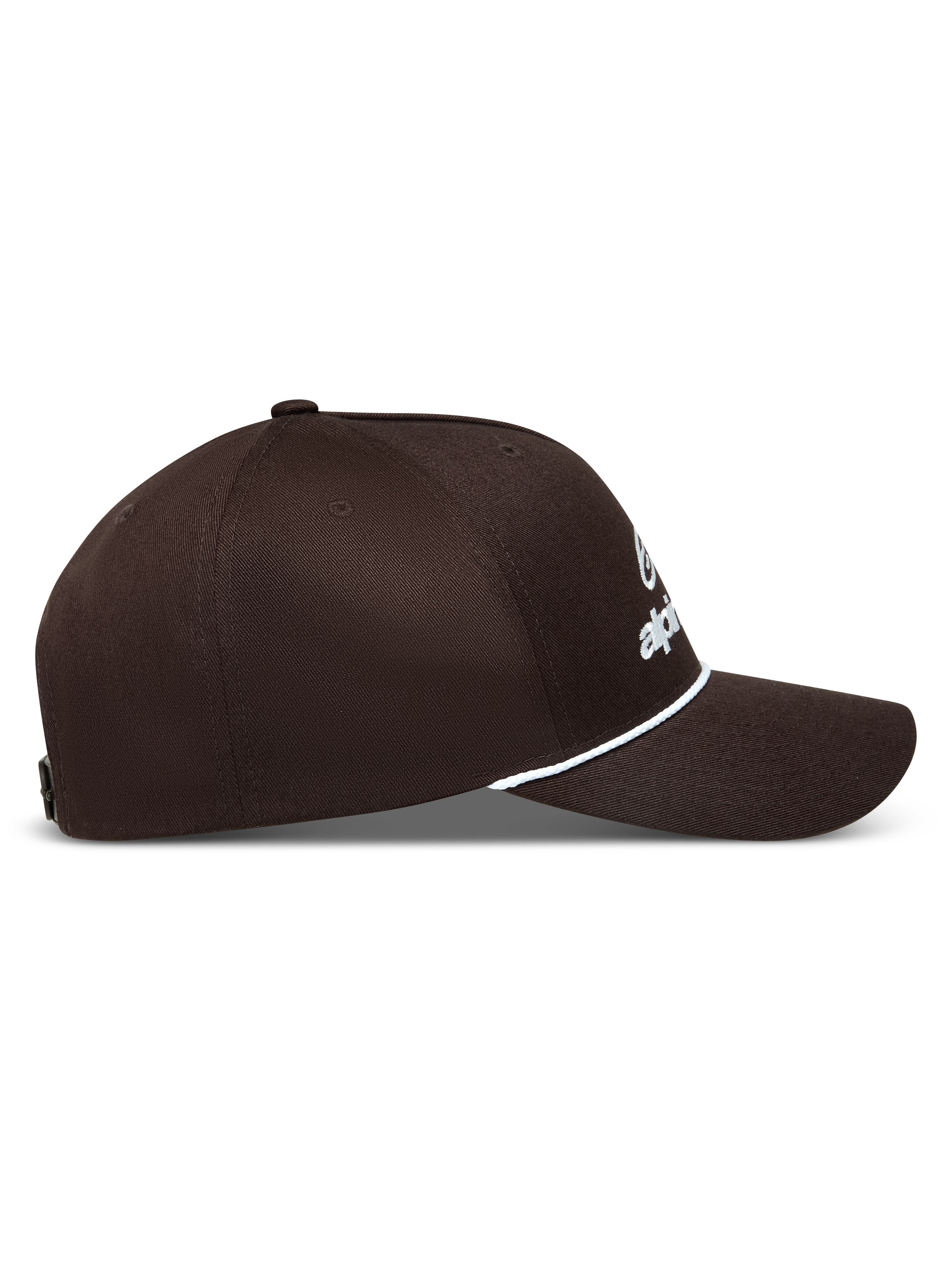 Alpinestars Combo Logo Snapback hoed in bruin, sportieve pet met wit geborduurd logo en wit koorddetail.