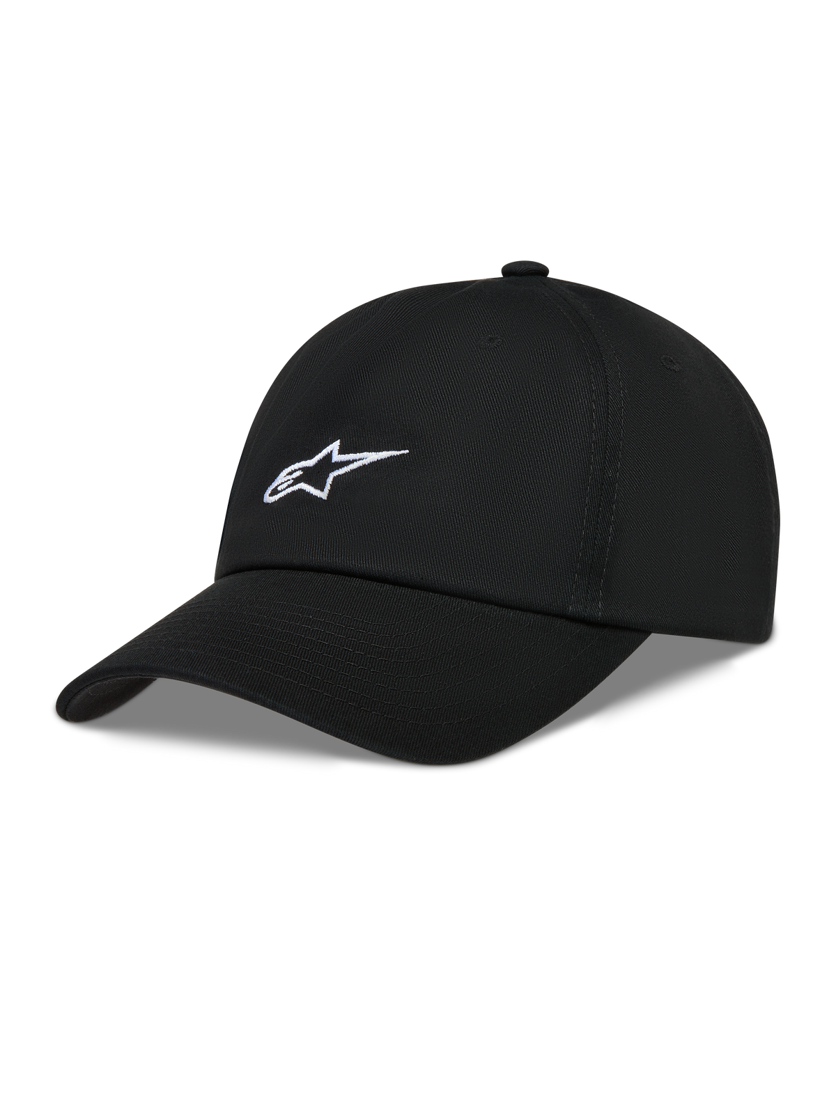 Alpinestars Dylan Dad Hoed, zwarte pet van keperstof met gebogen klep en wit geborduurd Astars-logo, casual sportswear.