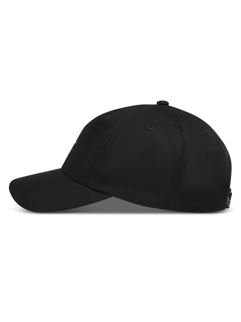 Alpinestars Dylan Dad Hat, black sportswear cap with a curved bill and unstructured twill crown, side profile view.