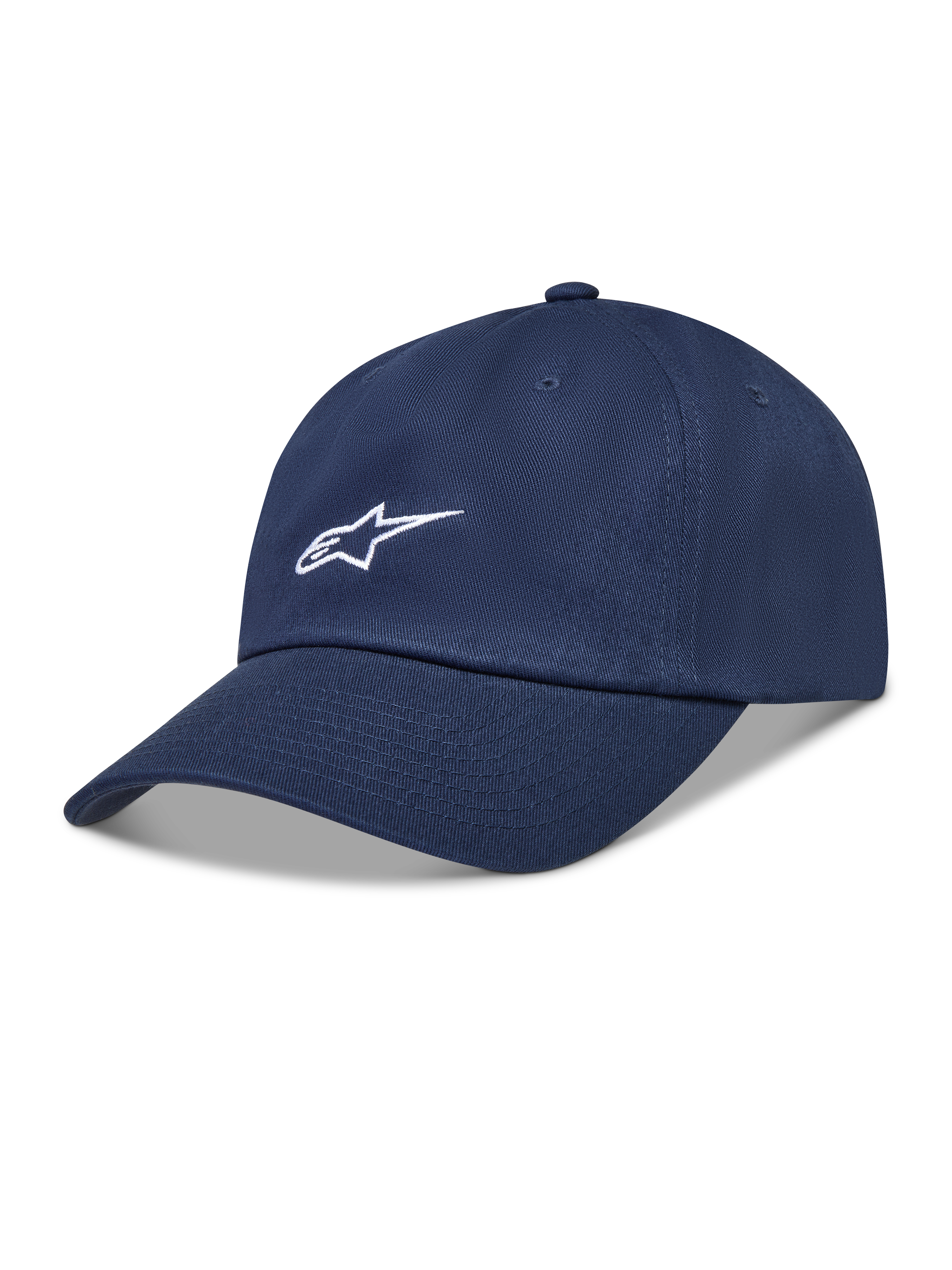 Alpinestars Dylan Dad hoed, donkerblauwe sportpet van keperstof met wit Astars-logo en gebogen klep.