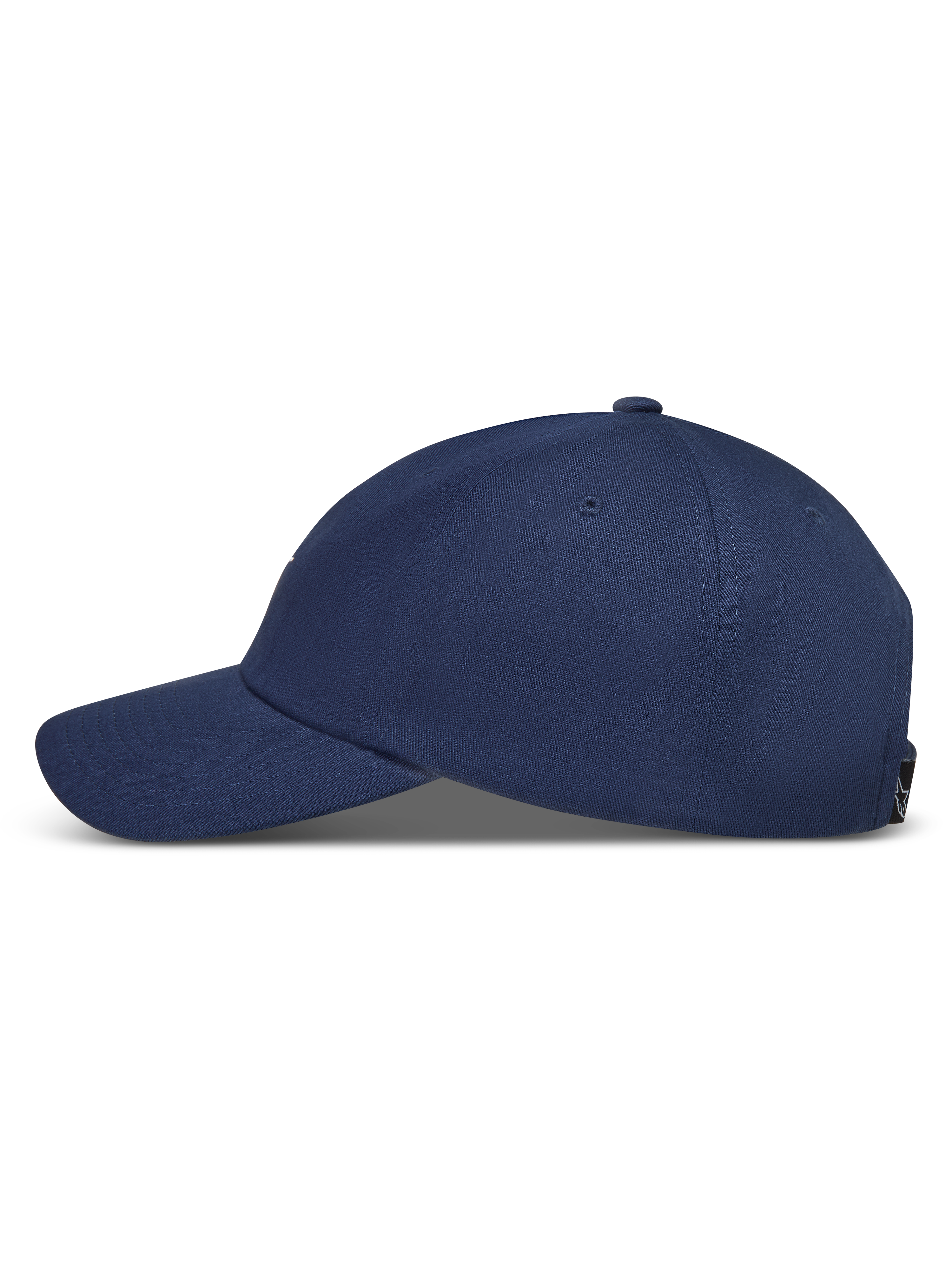Alpinestars Dylan Dad Hat, Navy Blue sportswear baseball cap featuring a curved bill and unstructured crown, side view.