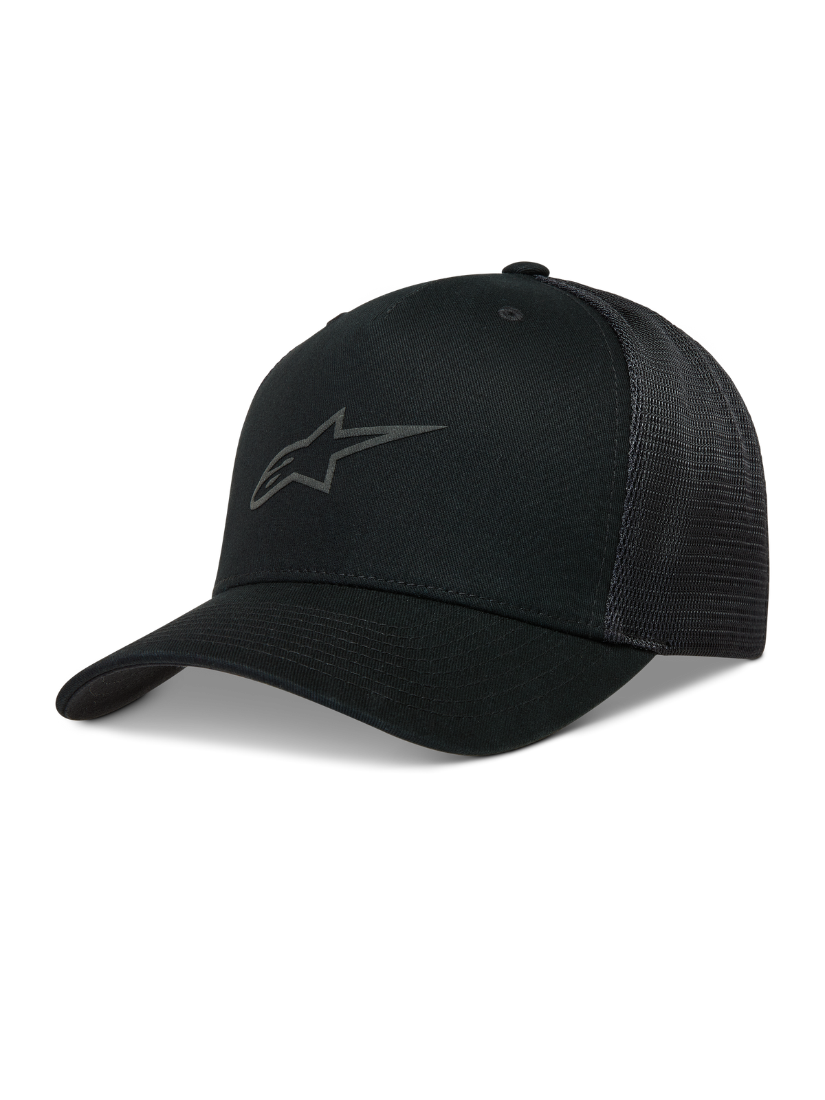 Alpinestars Augment Trucker Hat, black sportswear cap with curved bill, twill front, diamond mesh back, and puff print logo.