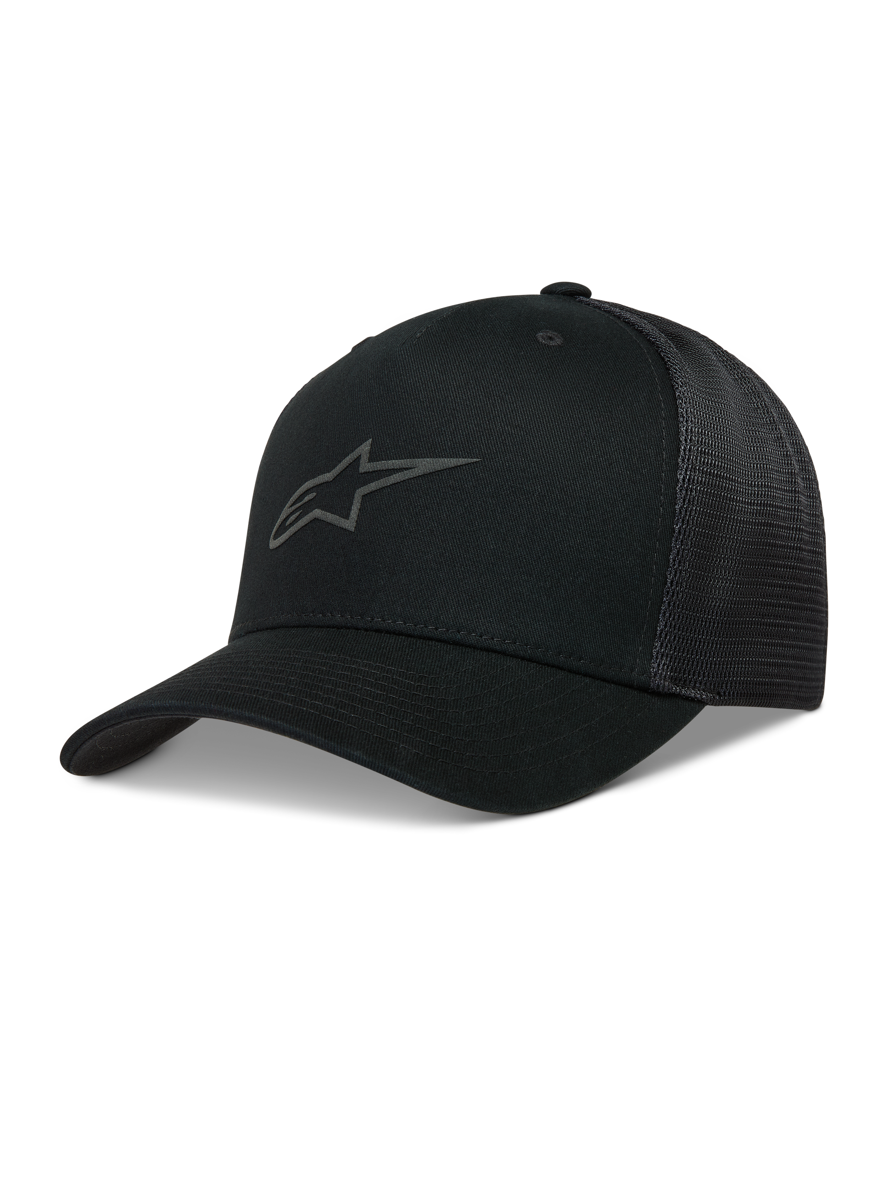 Alpinestars Augment Trucker hoed, zwarte pet met gebogen klep, twill voorzijde, mesh achterkant en puffprint-logo.